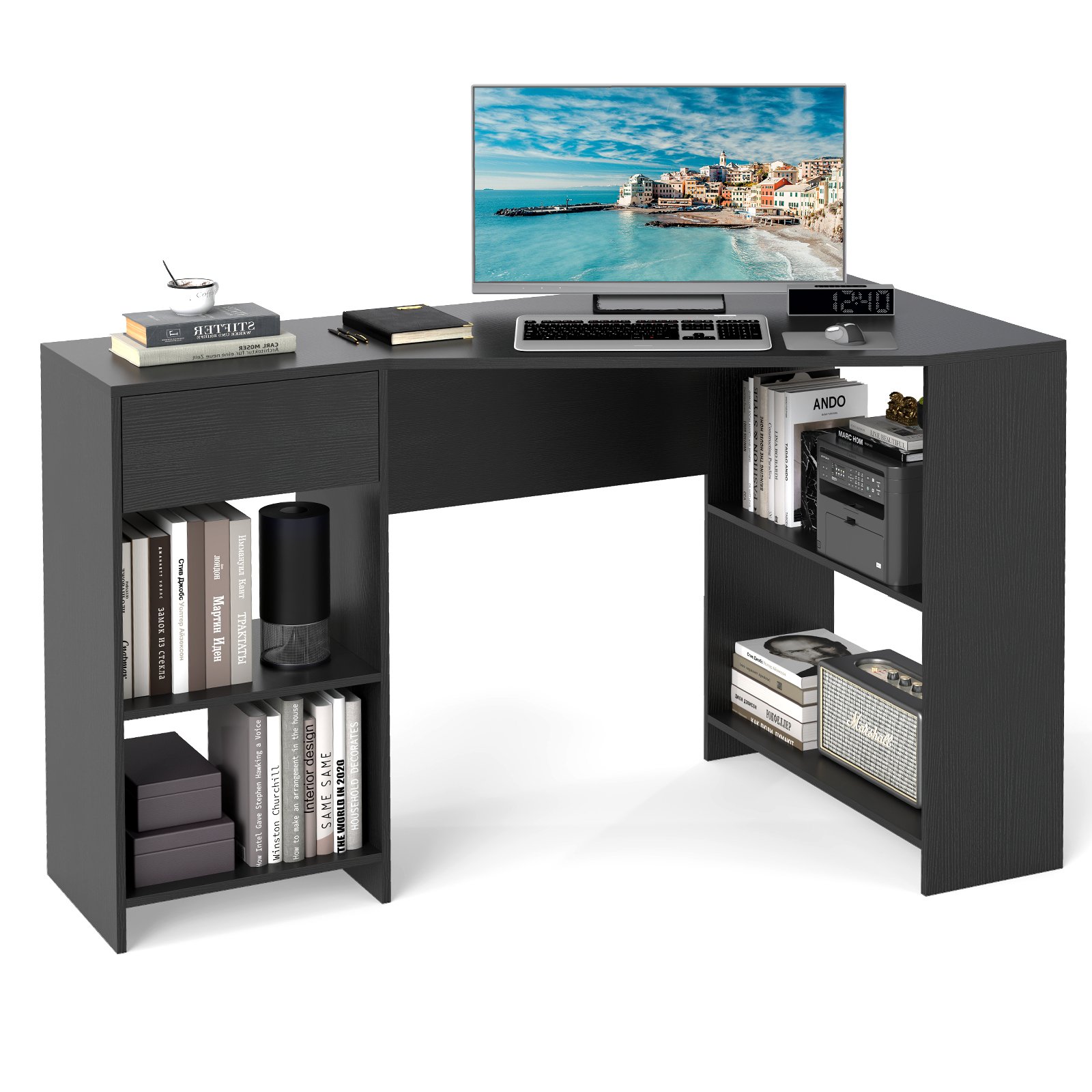 ANVE L-Shaped Computer Desk with Storage and Open Shelves for Living Room Bedroom-Black