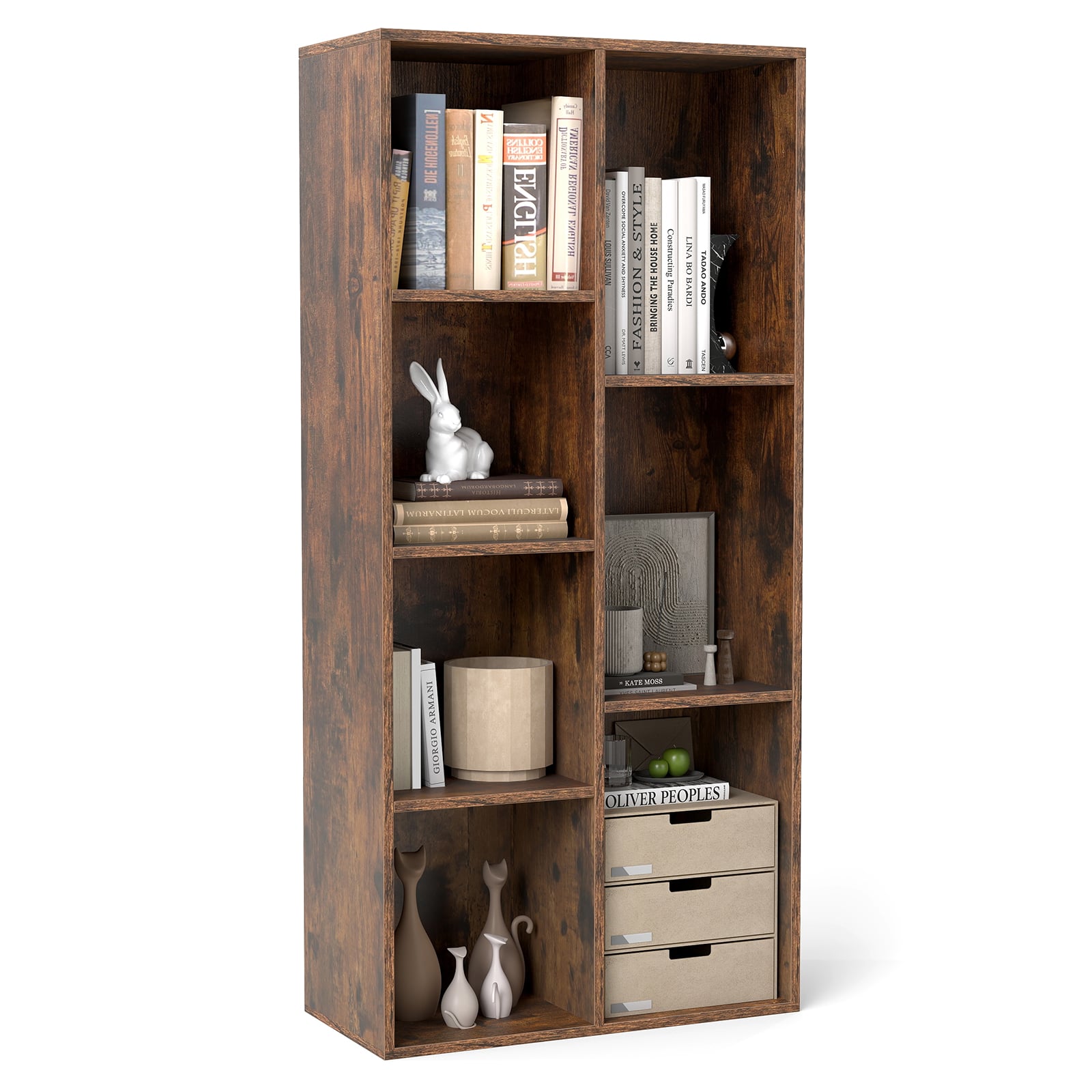 WVION Vertical or Horizontal Freestanding Bookshelf with 7 Compartments-Rustic Brown