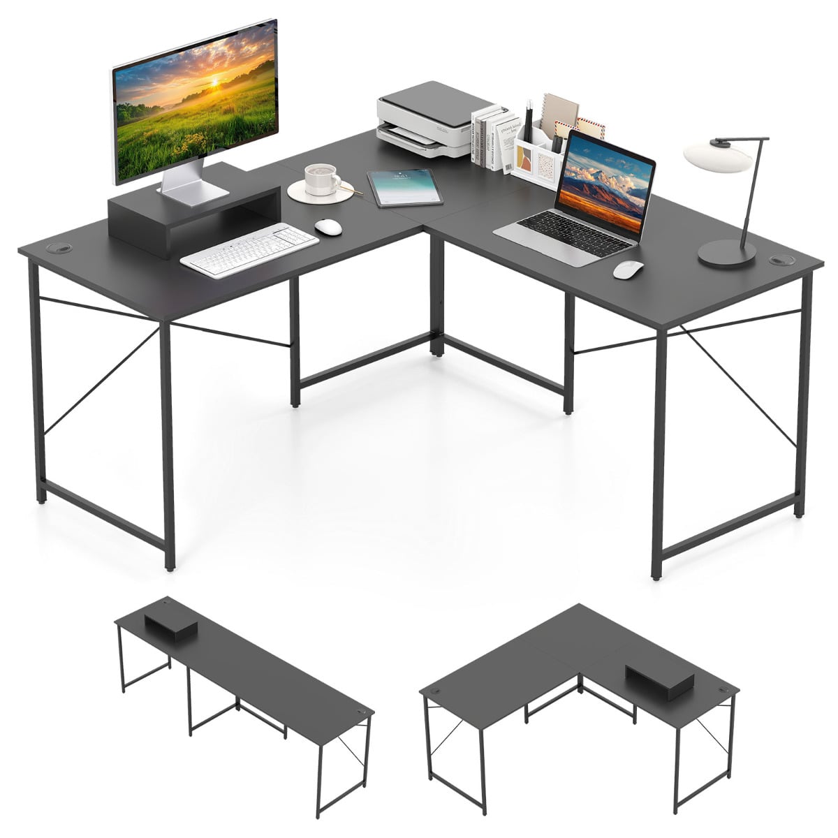 Reversible L-Shaped Desk with Power Strip-Grey