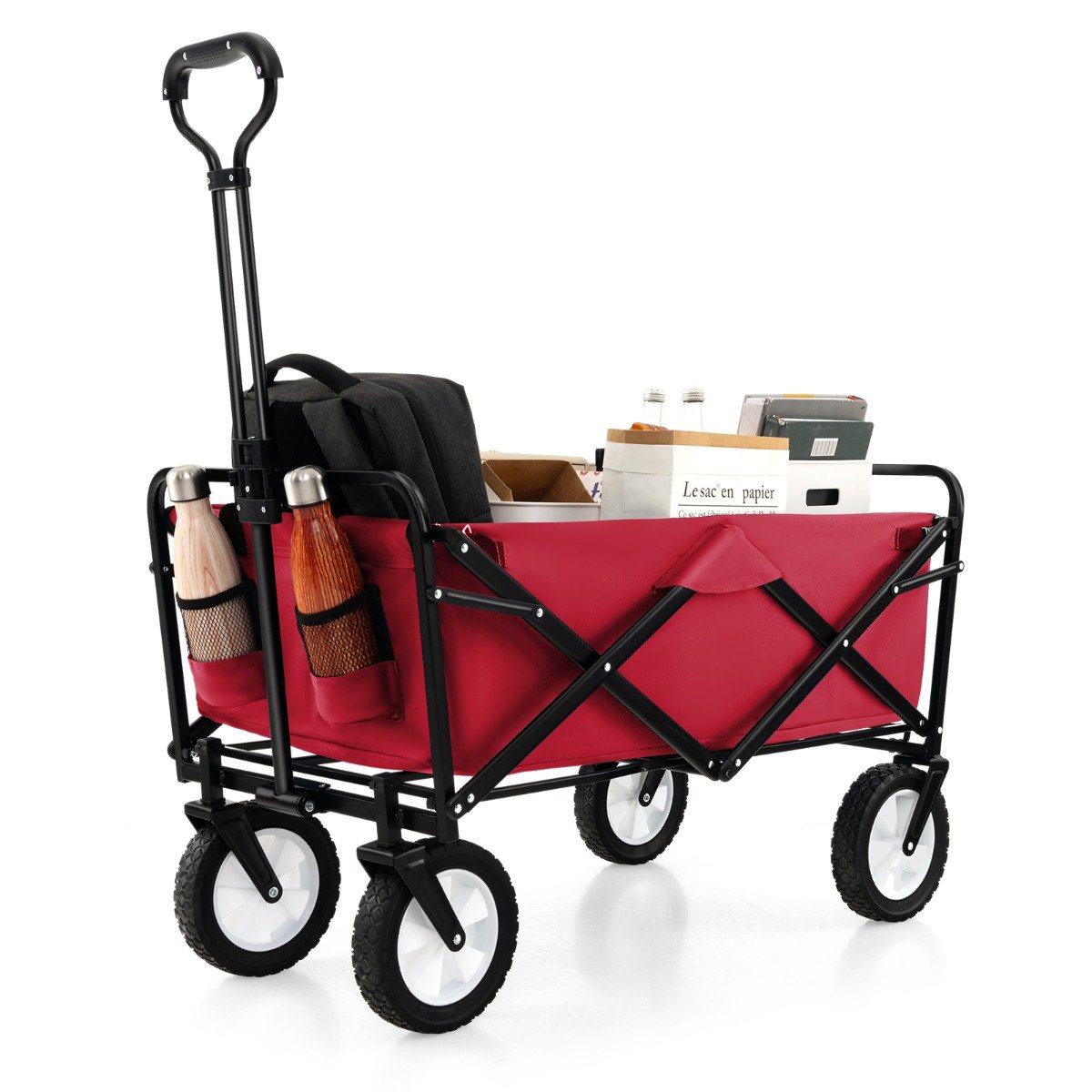 Camp Furniture - Heavy Duty Camping Garden Cart with Adjustable Handle and Drink Holders-Red
