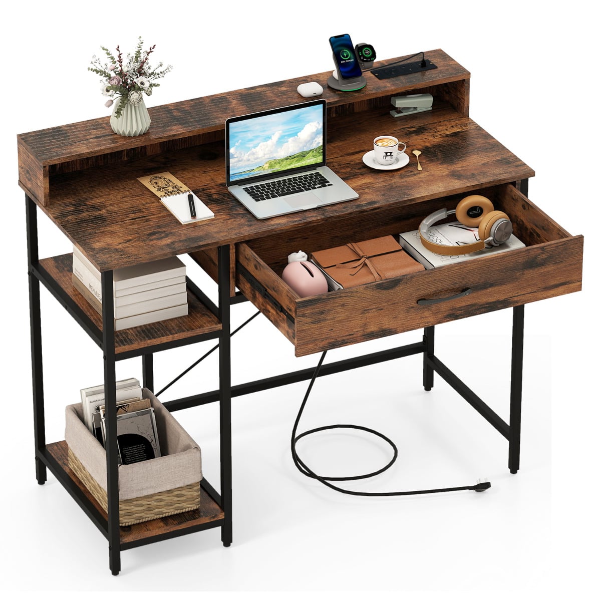 WELIX Computer Desk with Power Outlets and Top Shelf-Rustic Brown