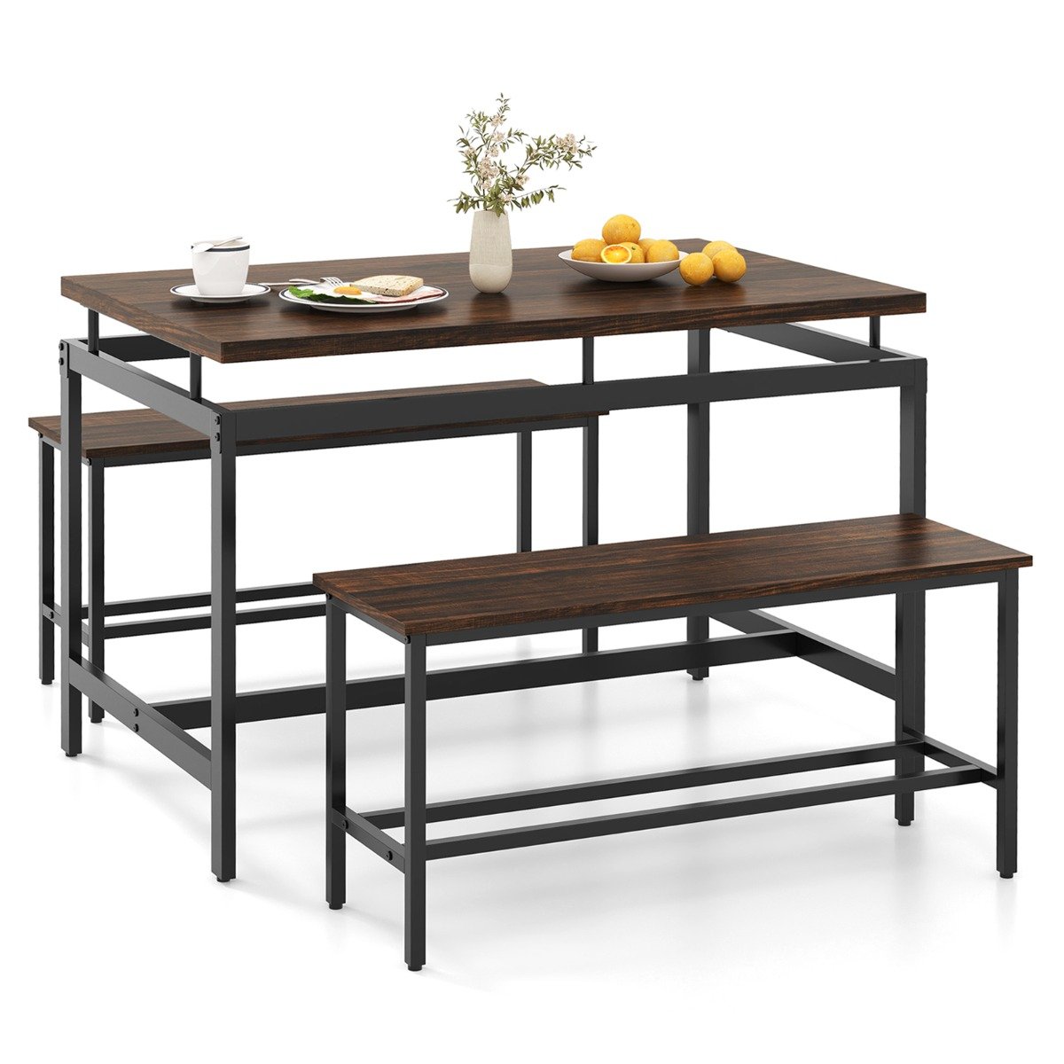 Dining Table Set - 3 PCS Kitchen Dining Room Furniture Set with 108cm Wooden Kitchen Table-Brown
