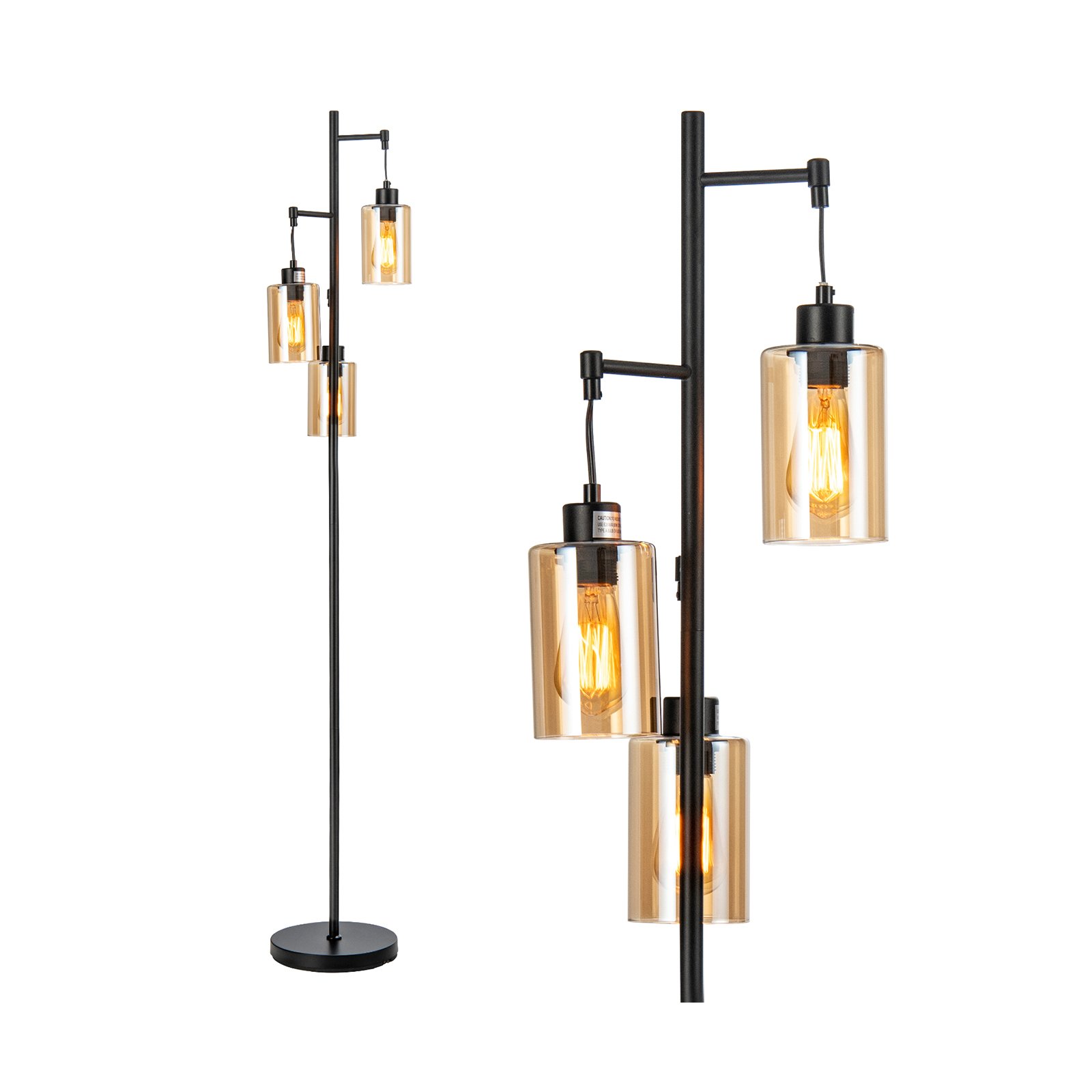 Floor Lamp - Freestanding Floor Lamp with 3-Head Hanging Amber Glass Shade
