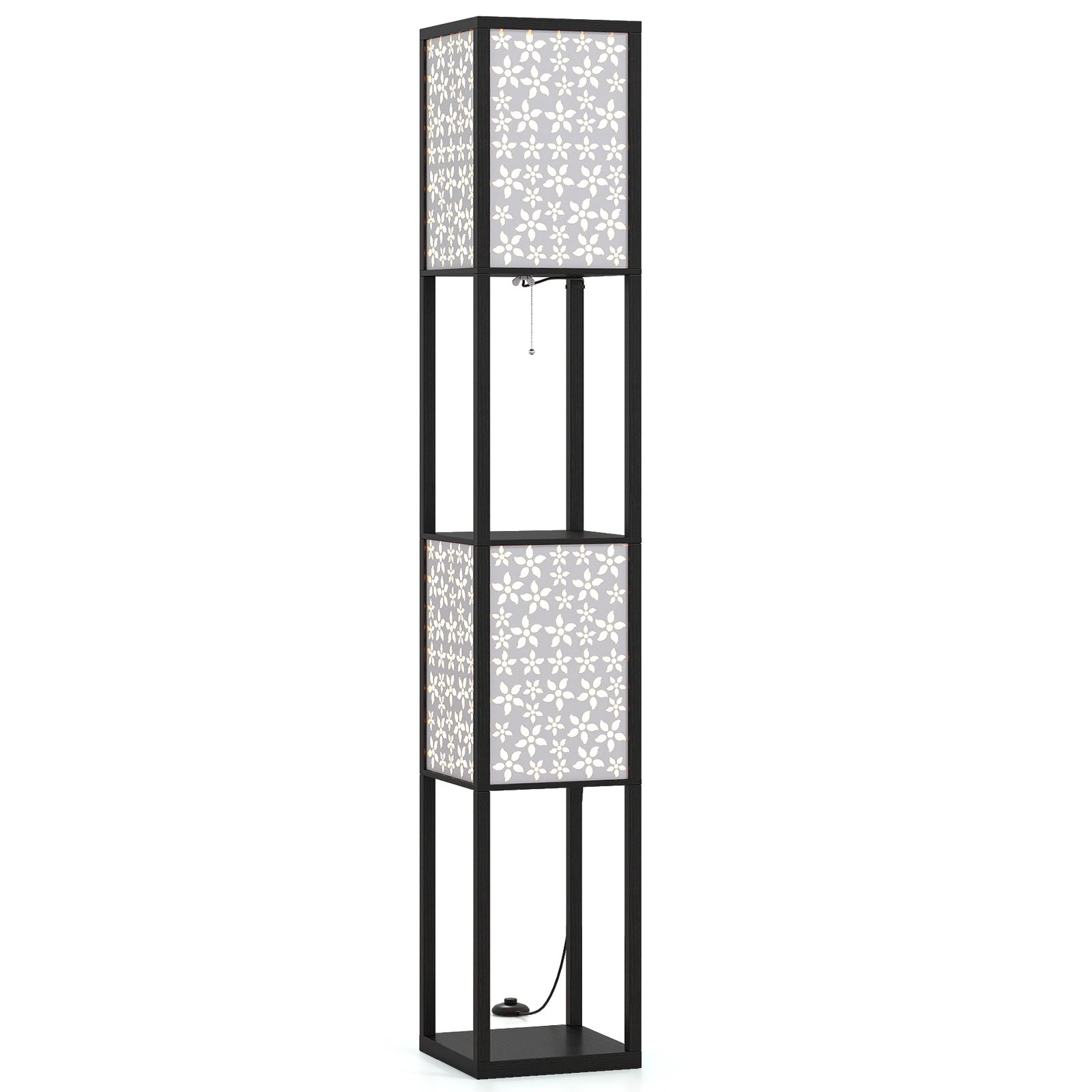 ARNWICKOR 2-Light Floor Lamp with Shelves Wooden Shelf Lamp with 2 Cut-out Patterned Lampshades-Size 2