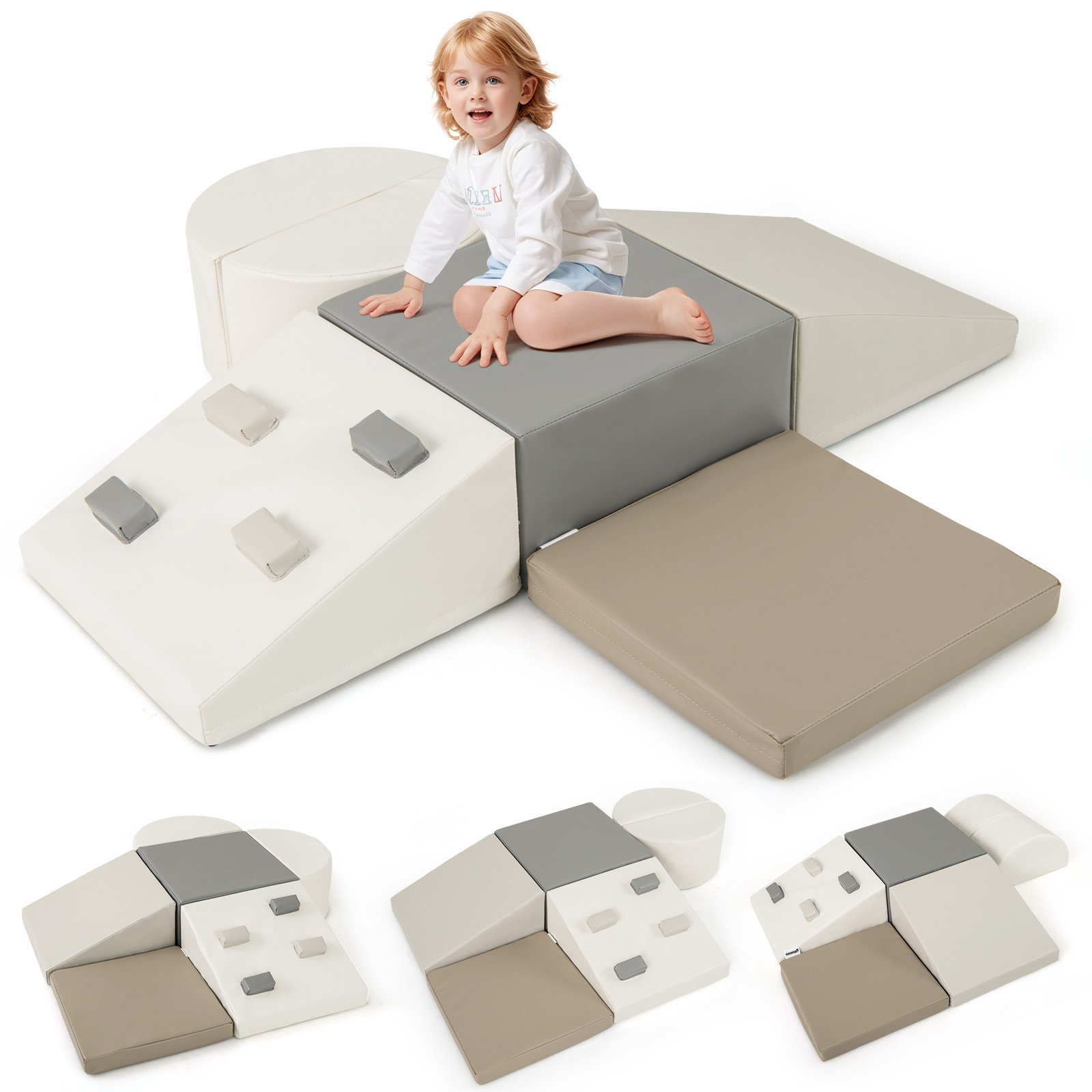 LOEN 6 Piece Foam Climbing Toys for Toddlers with PU Leather Cover-White
