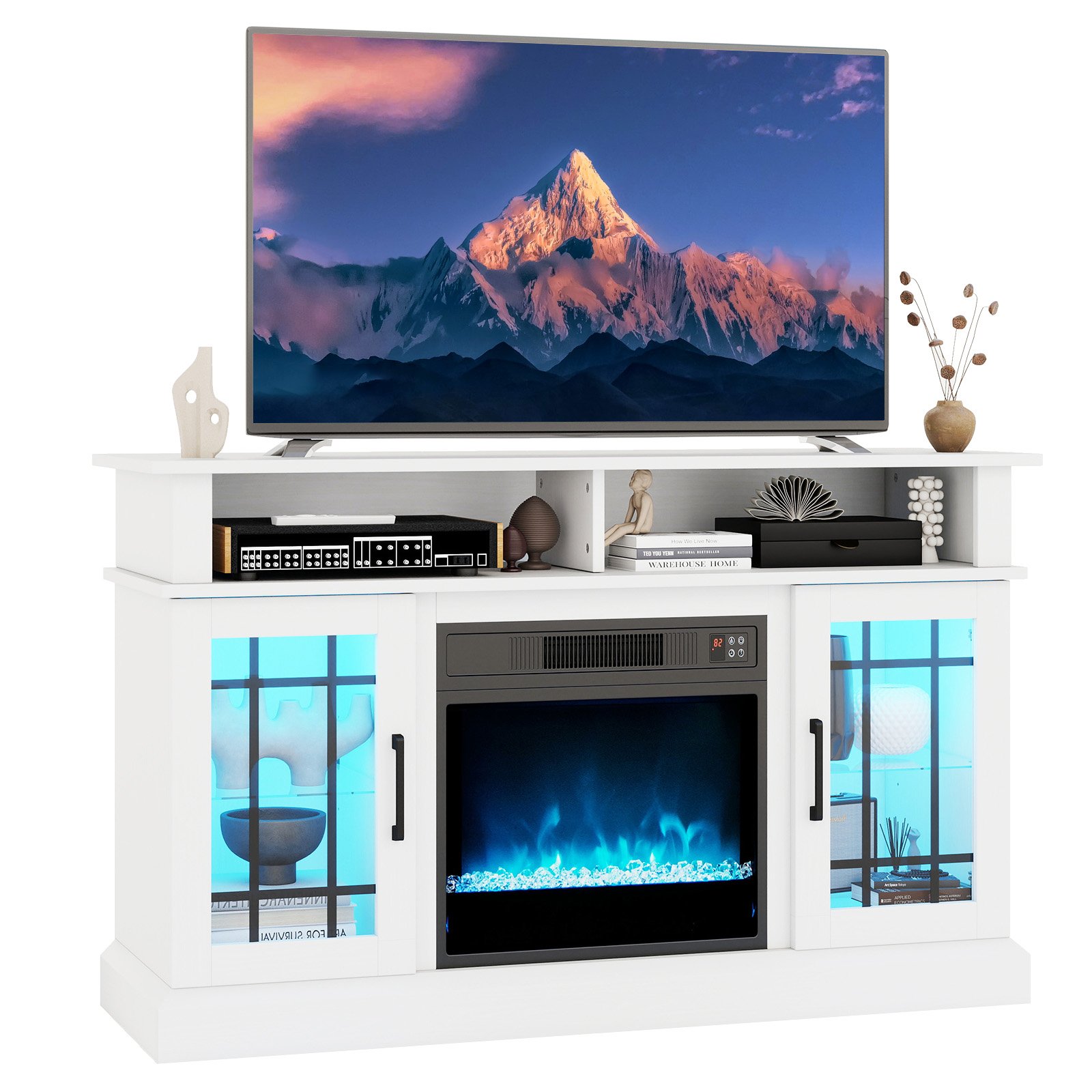 LUTAVE Electric Fireplace TV Stand with RGB LED Lights for TVs Up to 50 Inch-White