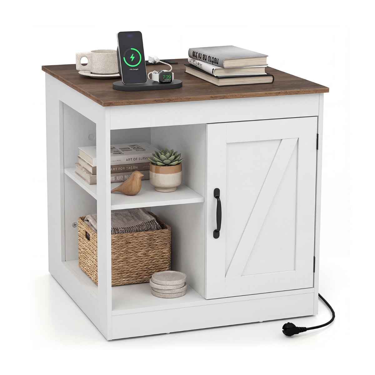 MAVOR Bedside Table with Charging Station & Shelf-White