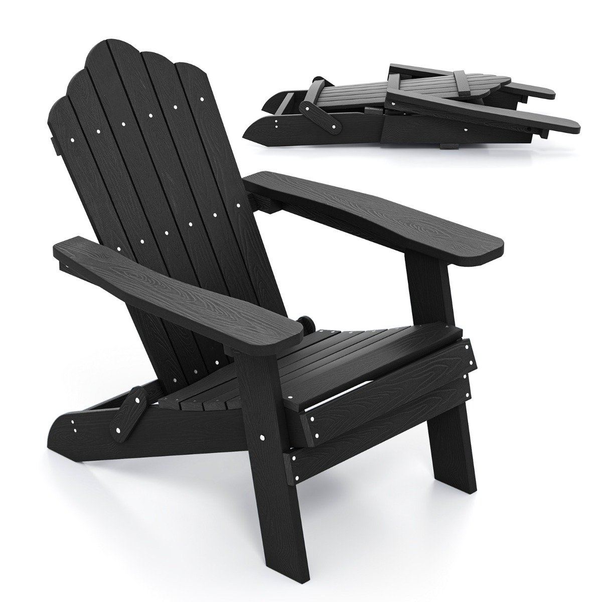 KELMORREN Folding Adirondack Chair with Wide Armrests and Inclined Backrest-Black