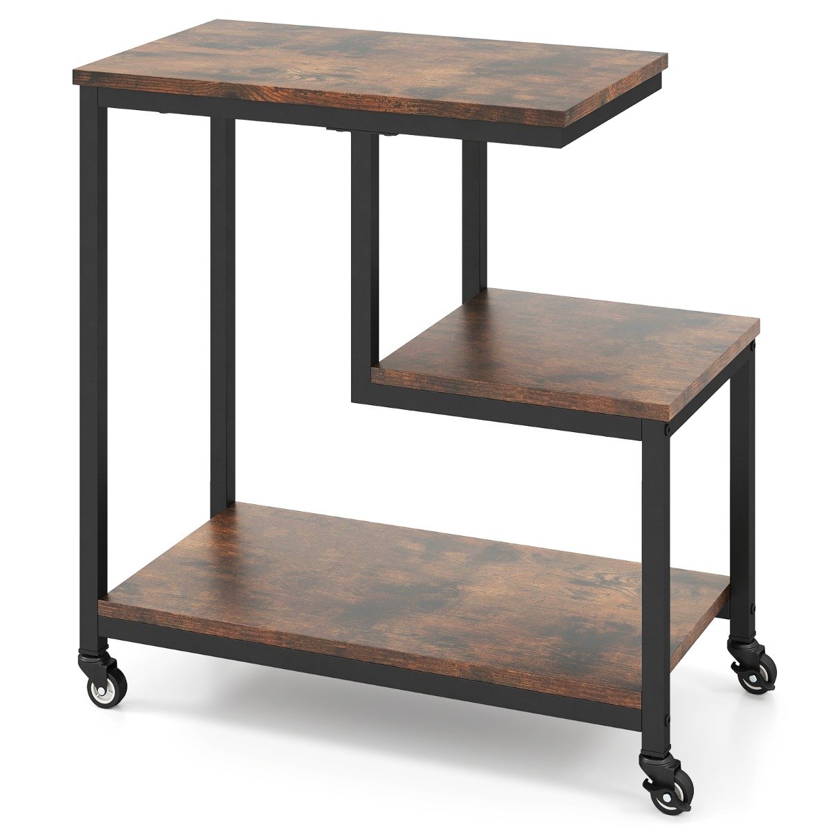 XORA 3-Tier Small Sofa Couch Side Table with Lockable Casters for Living Room-Brown