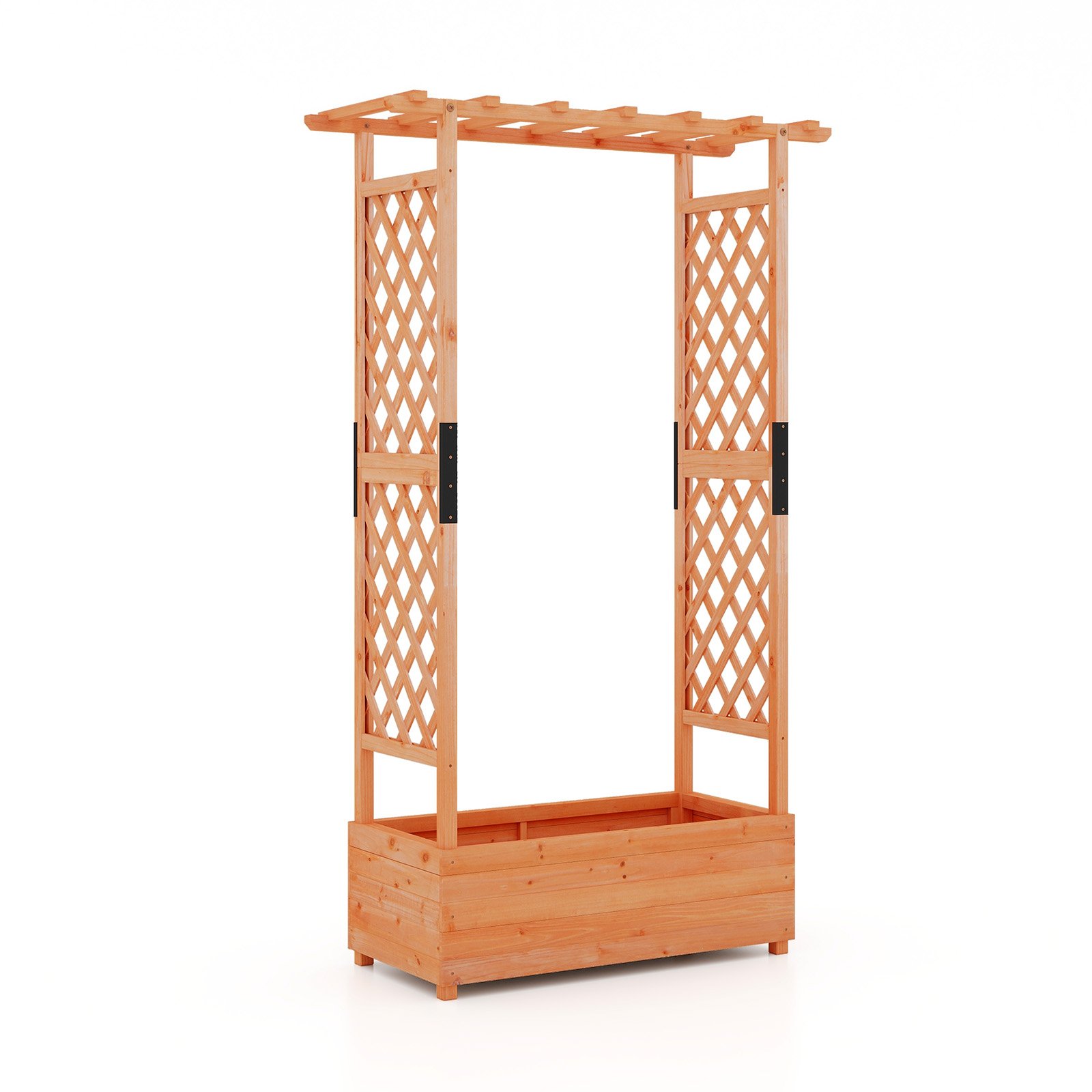 LULUAL Raised Garden Bed Fir Wood Planter Box with 2-Sided Trellis and Hanging Roof-Orange