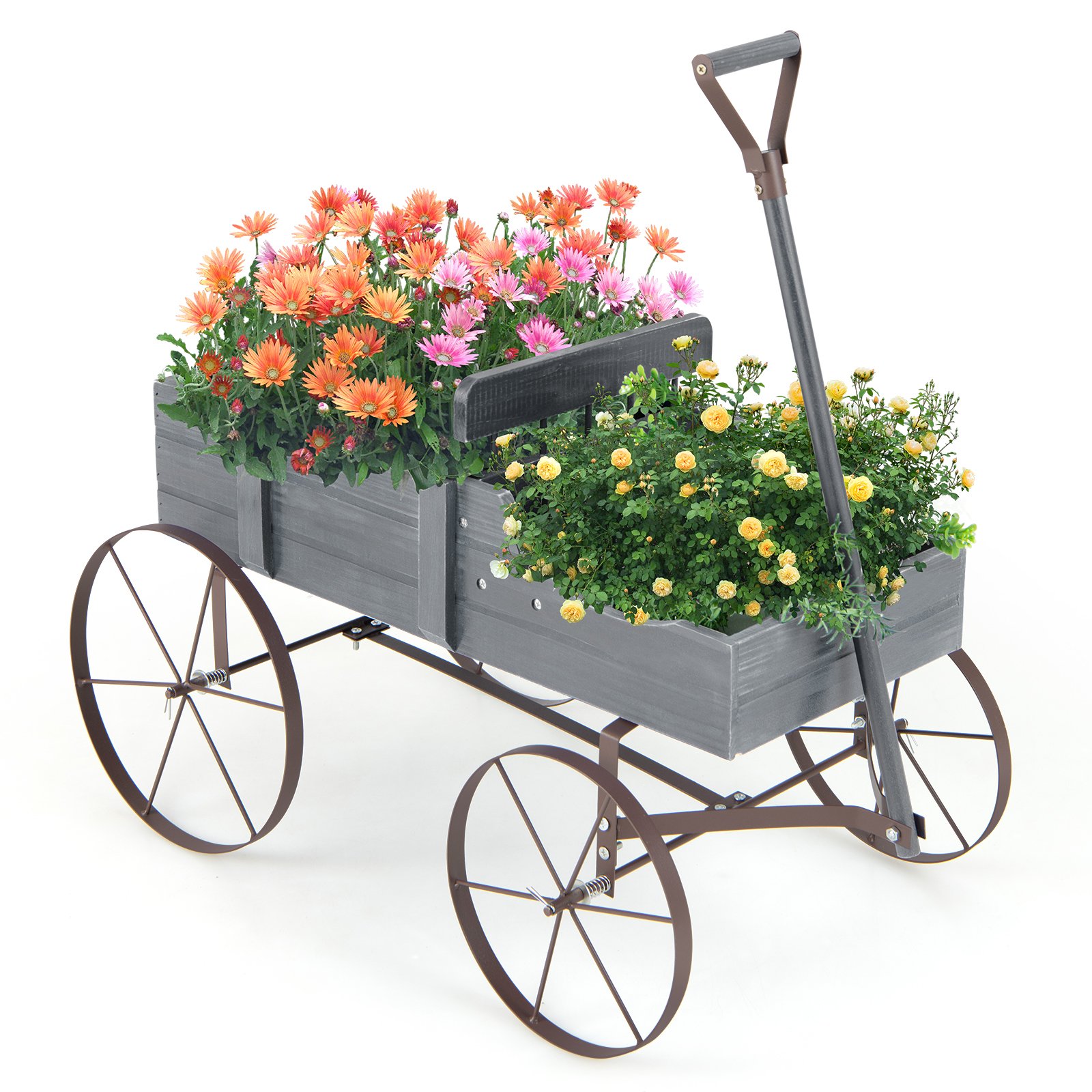 Plant Trolley - Wood Wagon Flower Planter with Wheels and 2 Planting Sections-Grey