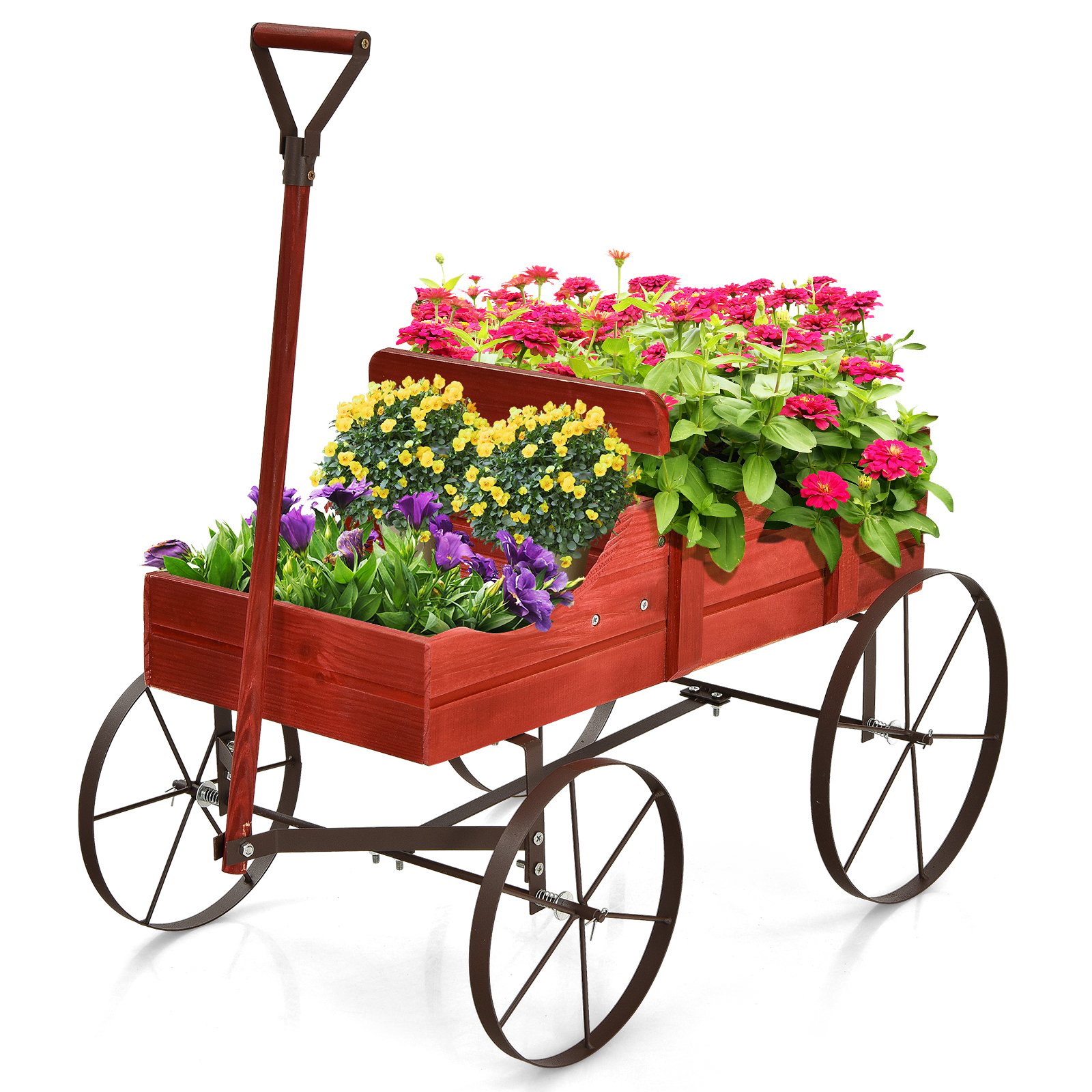 Plant Trolley - Wood Wagon Flower Planter with Wheels and 2 Planting Sections-Red