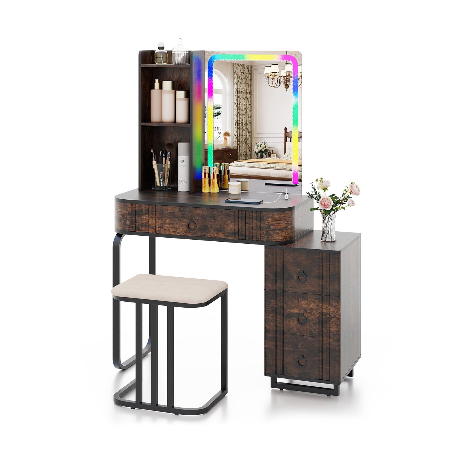 BREXLEY RGB LED Vanity Set with Mirror and Lights-Rustic Brown