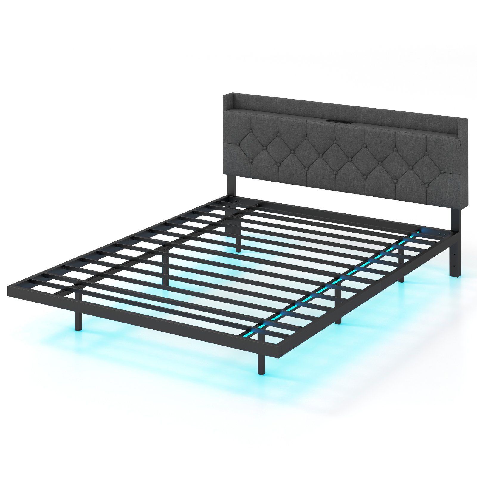 Kingsize Bed - SARASOTA 5ft Metal Bed with Adjustable Headboard and Charging Station Grey
