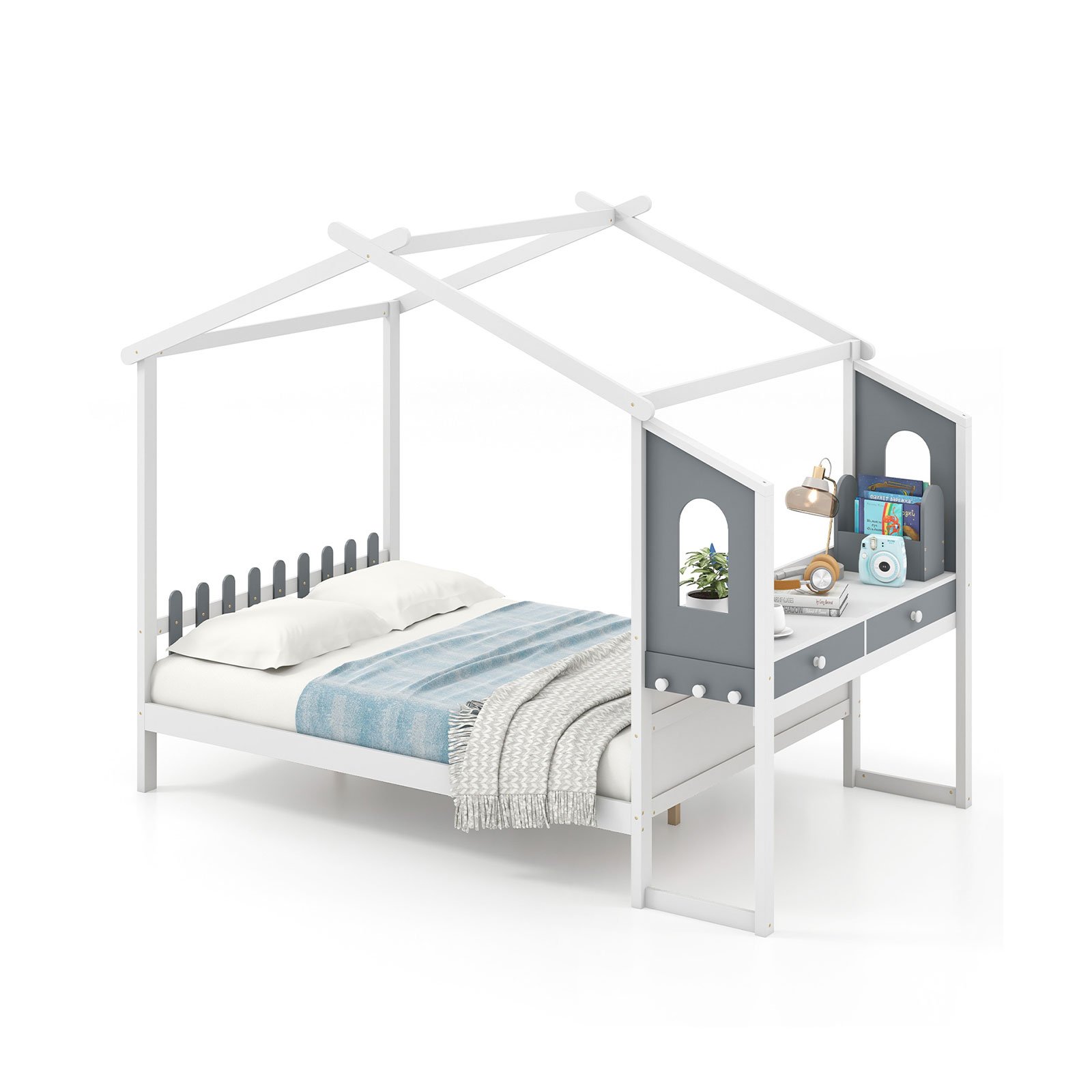Double Bed - DOVER 4ft6 Wooden Bed with Desk White and Gray
