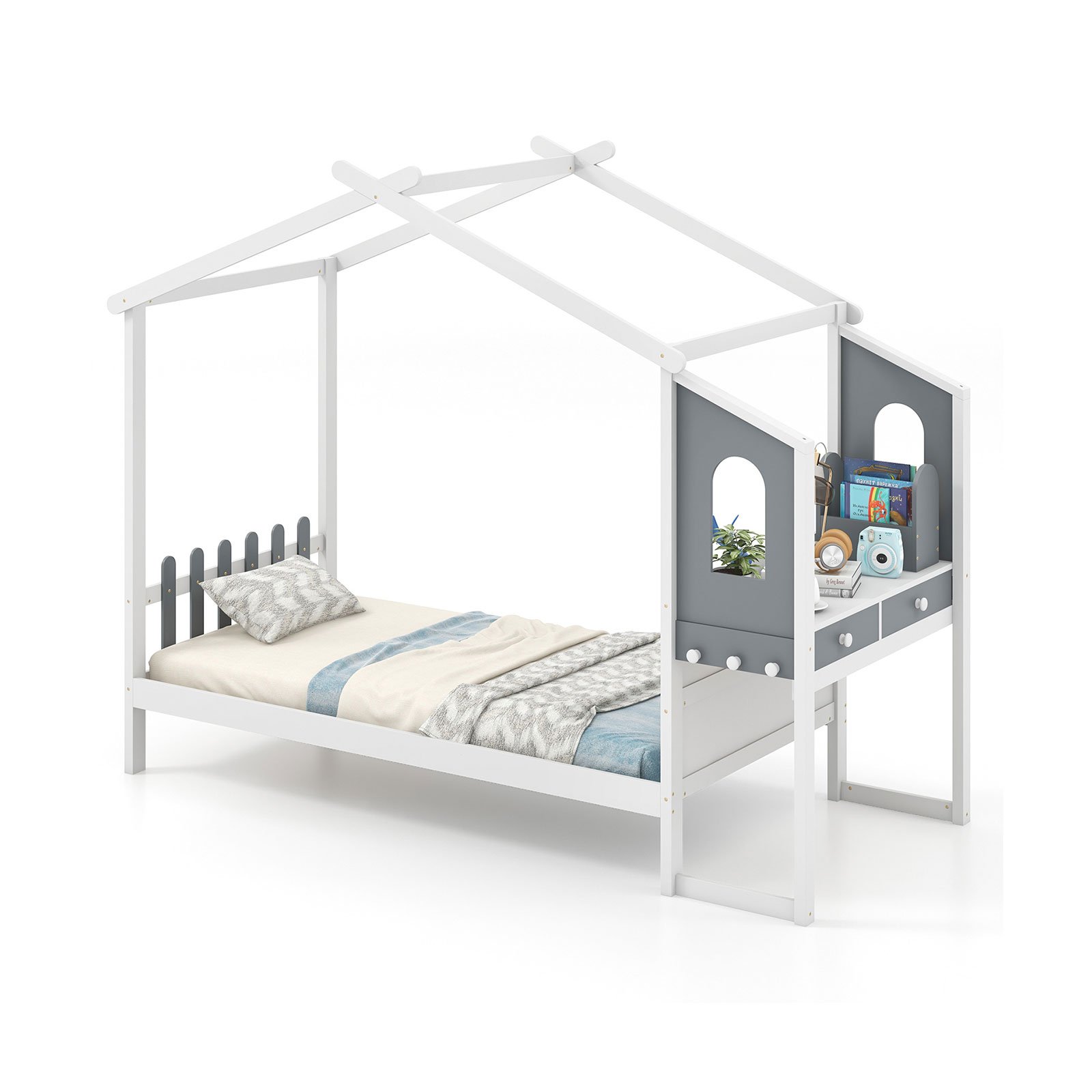 Single Bed - DOVER 3ft Wooden Bed with Desk White and Gray