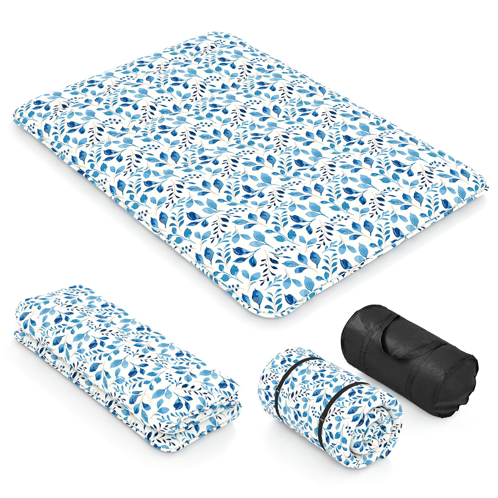 COREAR Japanese Floor Mattress with Washable Cover and Carry Bag-Blue and White-Double Size