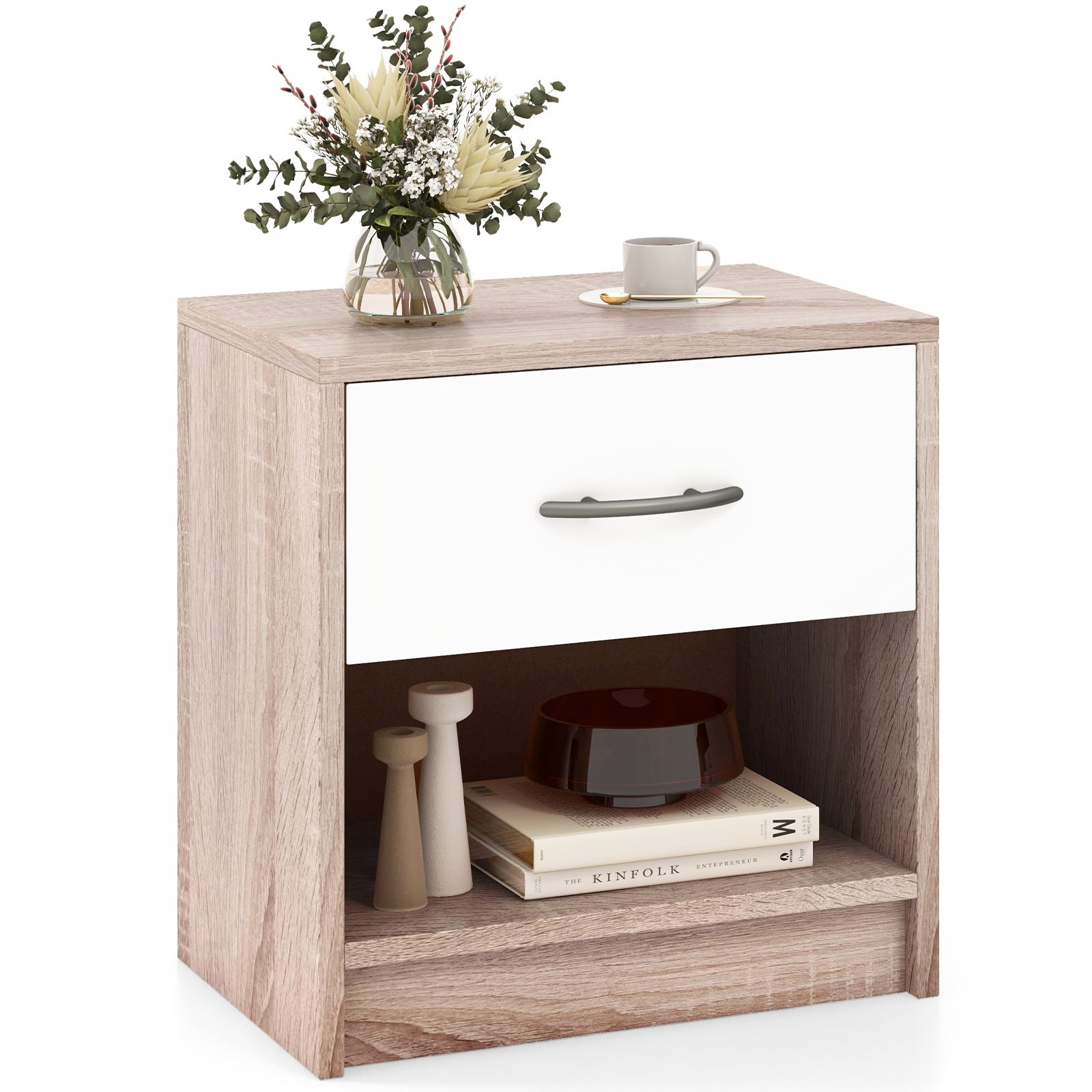MYINAR 3-Tier Nightstand with Drawer and Open Storage Shelf for Small Spaces-Natural and White