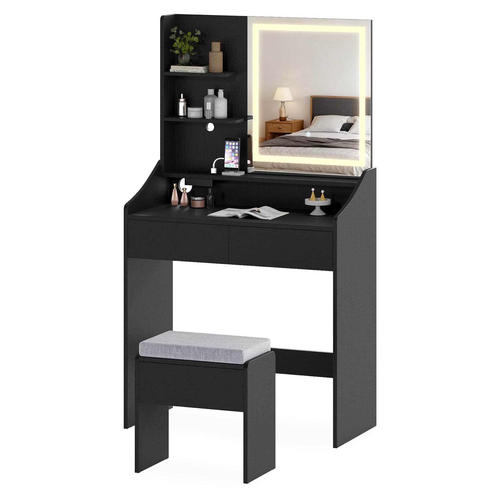 VYNOR Vanity Desk Set with Built-in Charging Station and Storage Drawers-Black