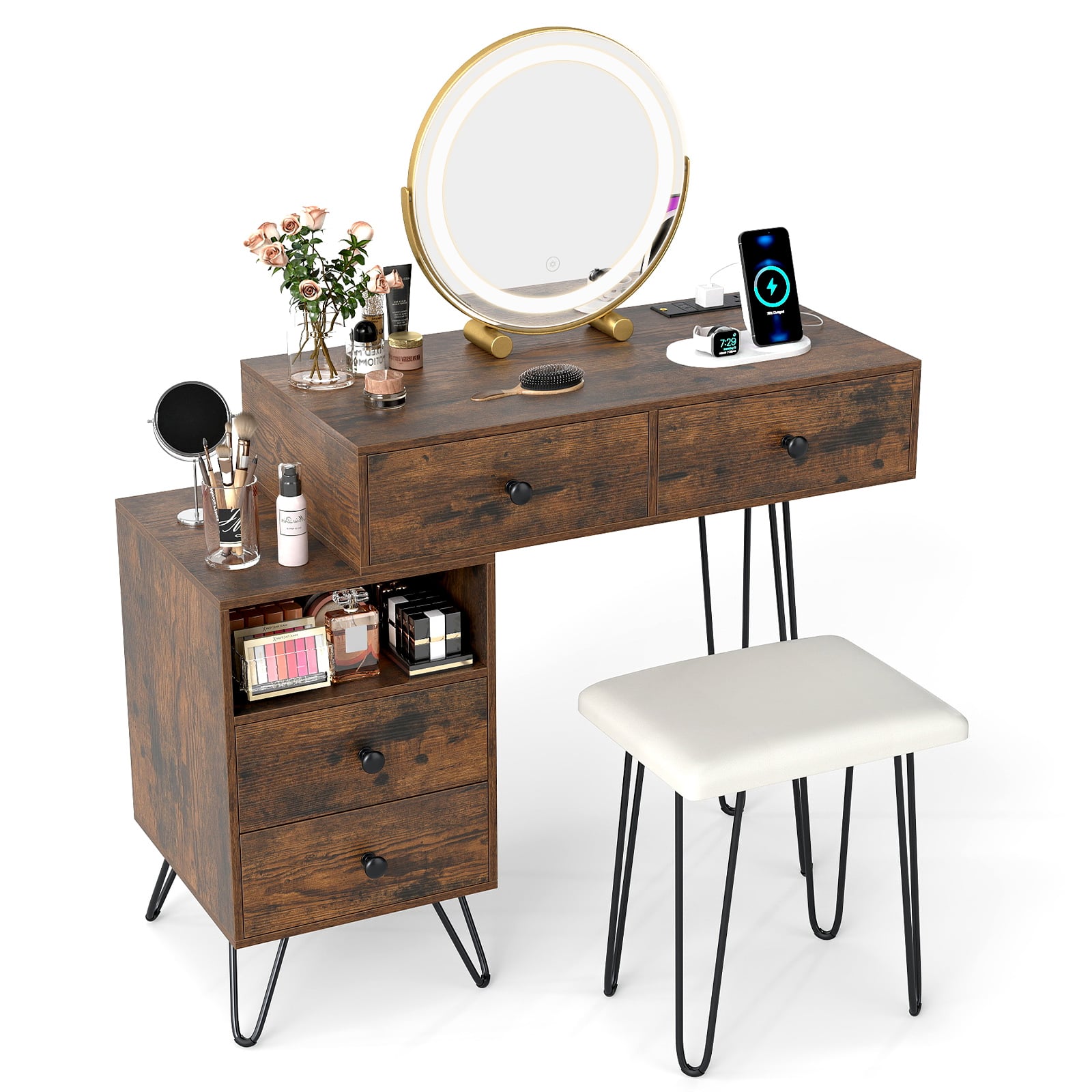 VYNOX Makeup Vanity Desk with Rotatable Mirror and 4 Pull-out Drawers-Rustic Brown