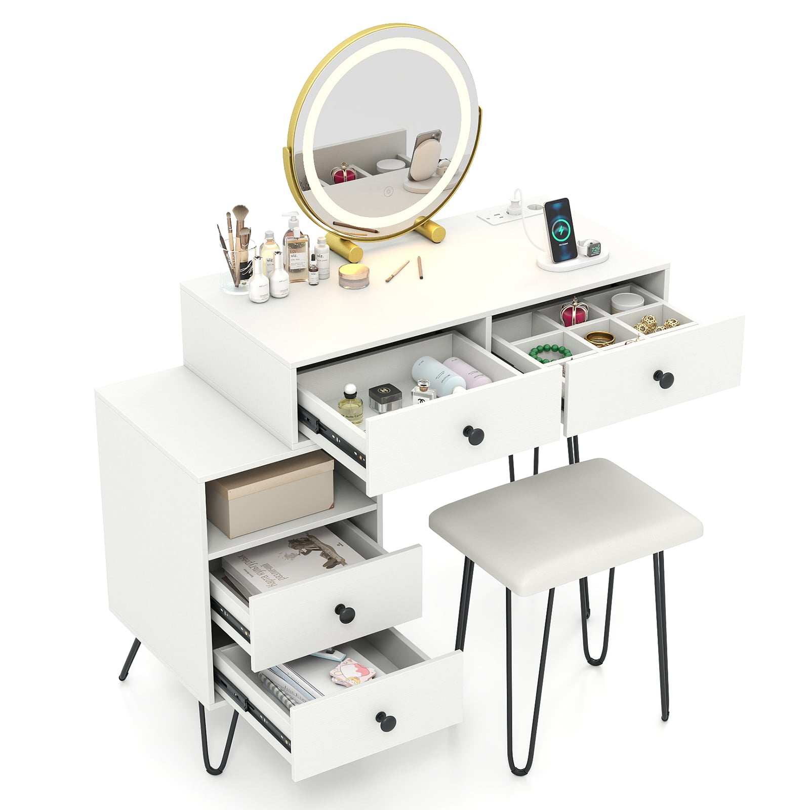 VYNOX Makeup Vanity Desk with Rotatable Mirror and 4 Pull-out Drawers-White
