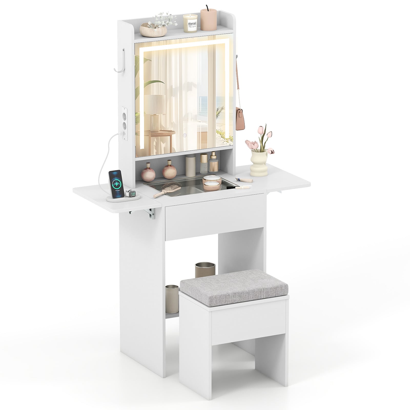 GLORA Compact Makeup Dressing Table with Visible Glass Top and Power Outlets-White