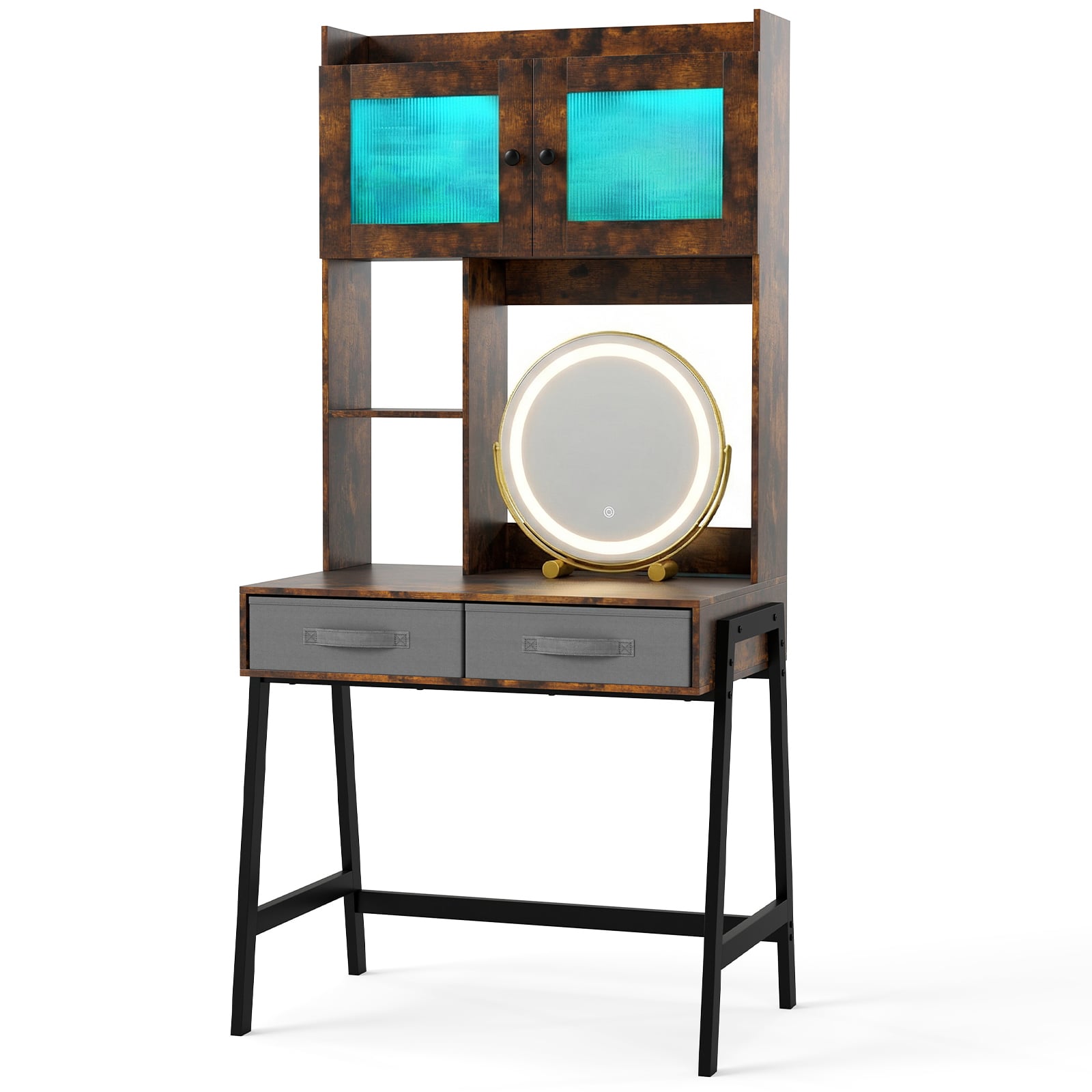 ZAVOR Makeup Vanity Desk with Rotating Mirror and Adjustable Light-Rustic Brown