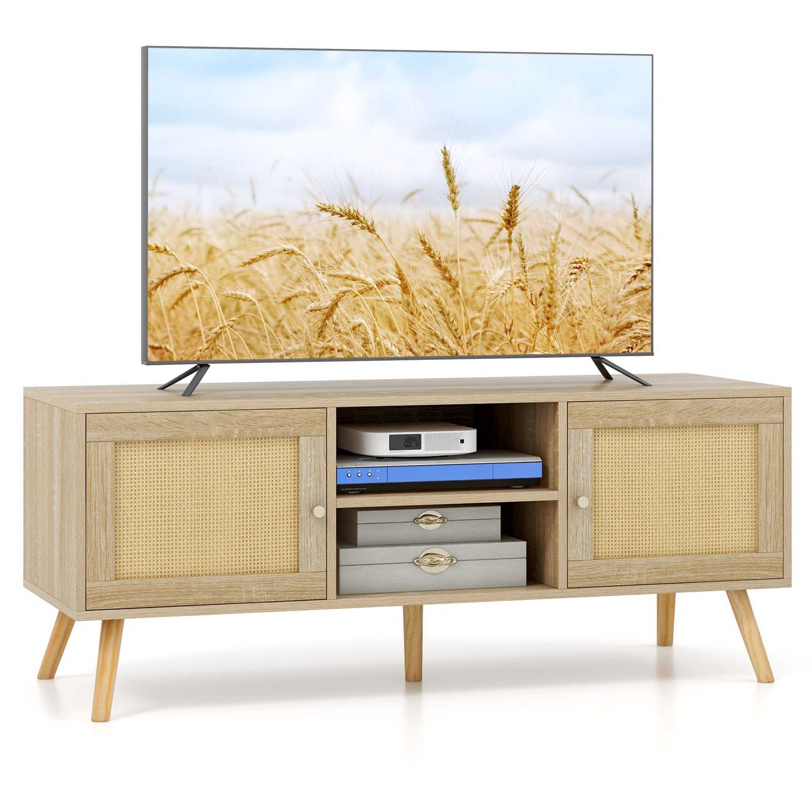 TV Stand - Boho PE Rattan TV Stand with 2 Cabinets and Open Shelves