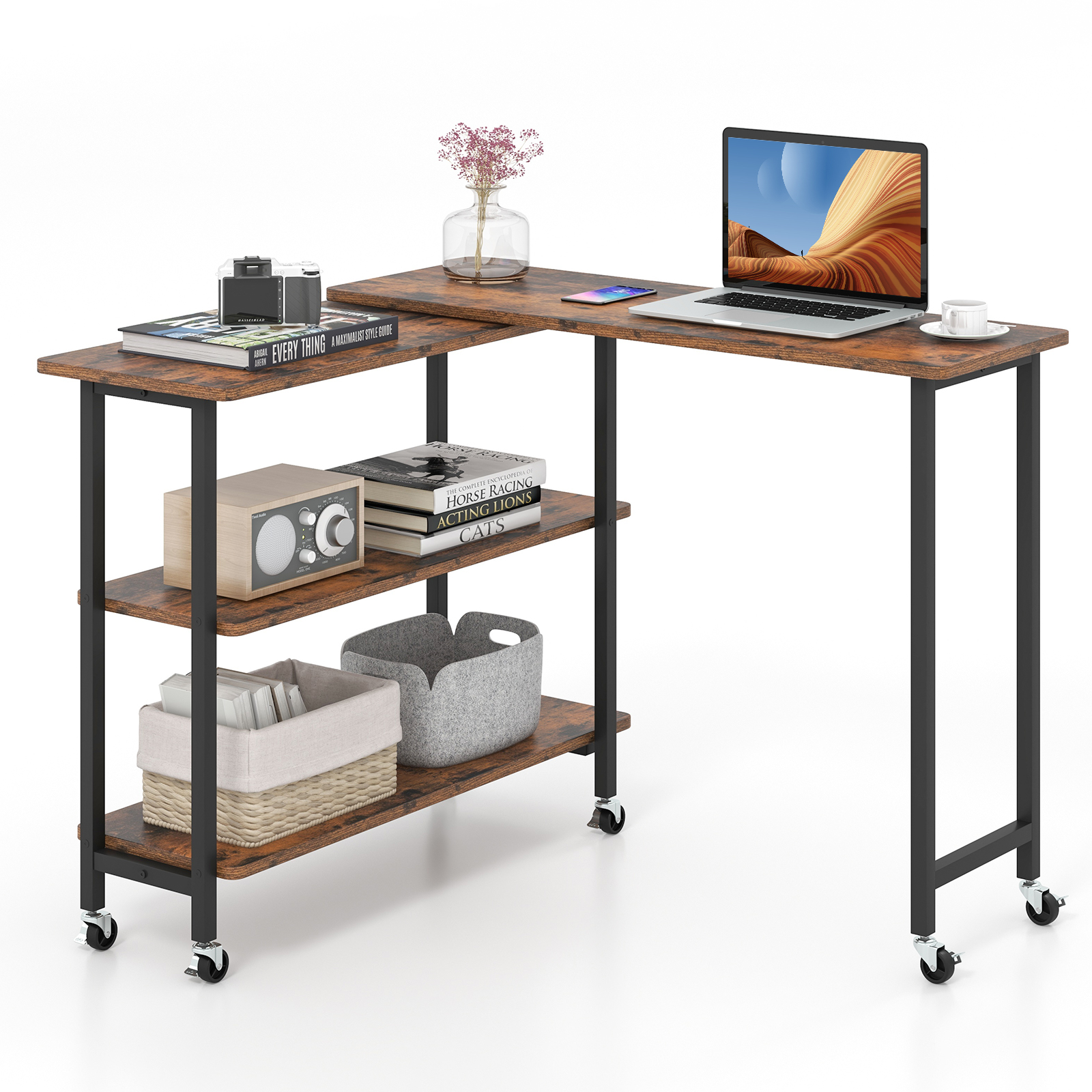 Side Table - 360deg Rotating Sofa Side Table Mobile End Table with 2-Tier Storage Shelves-Rustic Brown