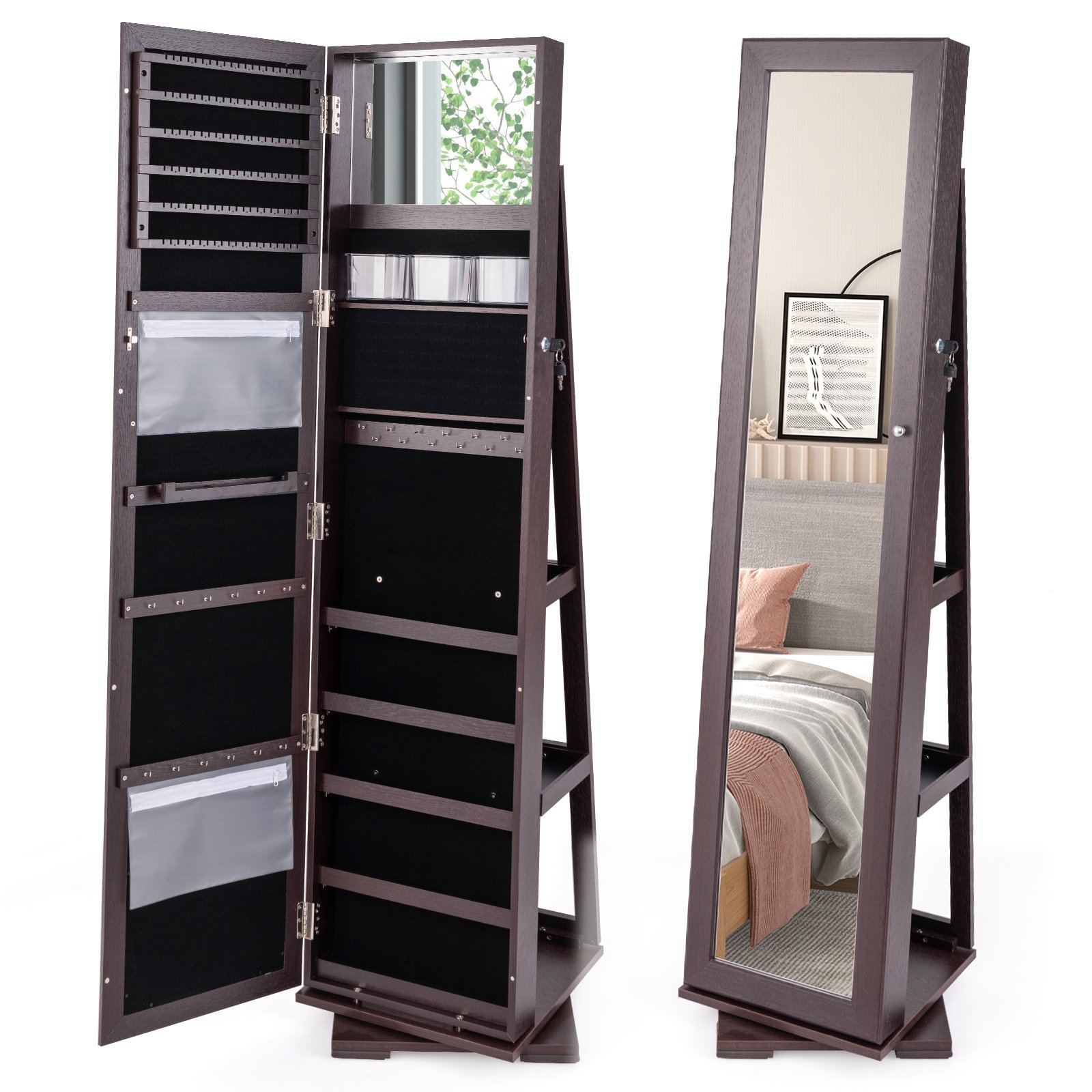 ONZEAL Full Length Mirrored Jewellery Cabinet Rotates 360deg with Display Shelves-Coffee