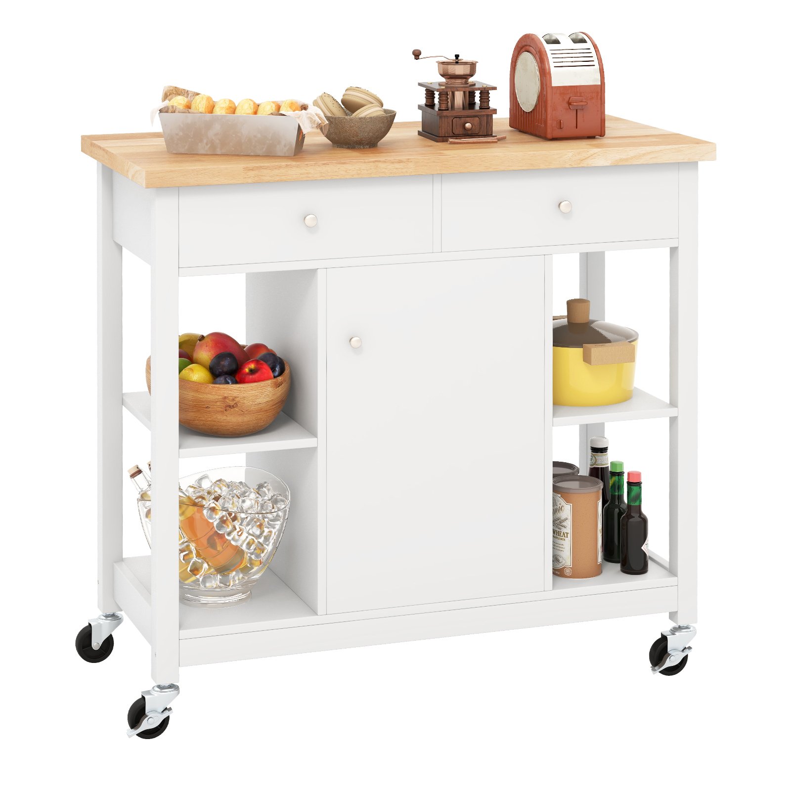 Kitchen Trolley - Mobile Kitchen Island Cart Rolling Kitchen Island with Rubber Wood Top-White
