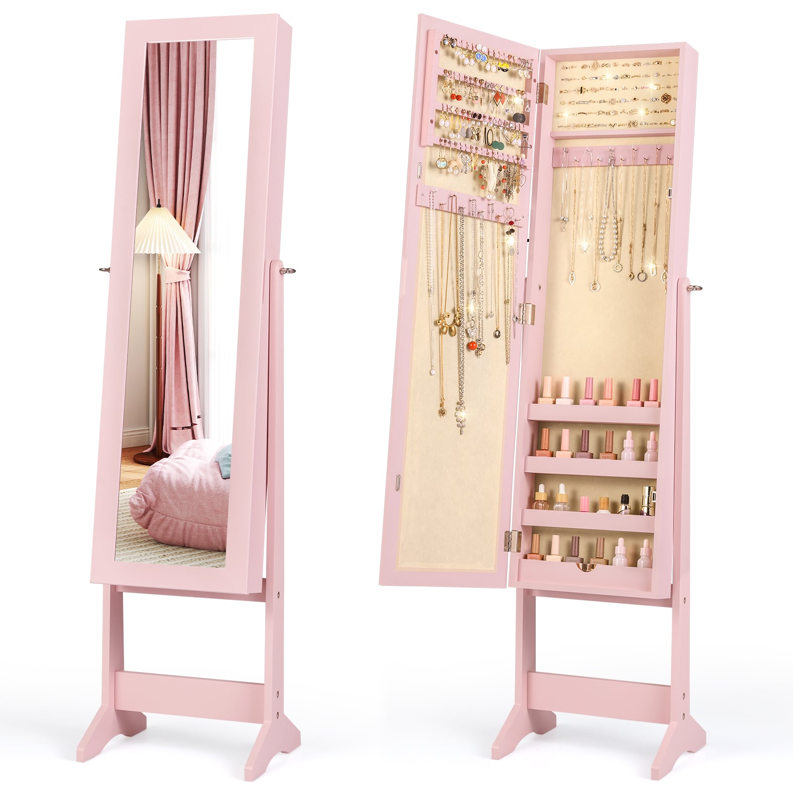 MORA Mirrored Jewelry Armoire with Full-Length Mirror and 3 Tilting Angles-Pink
