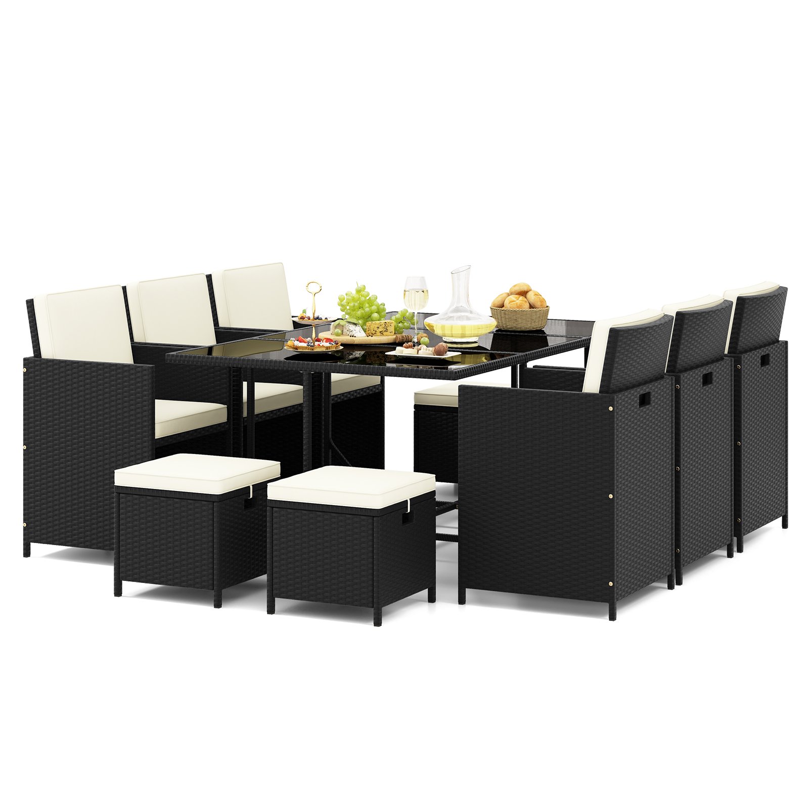 CROSDON 11 Pieces Patio Dining Set with Ottomans for Garden Yard Poolside-White