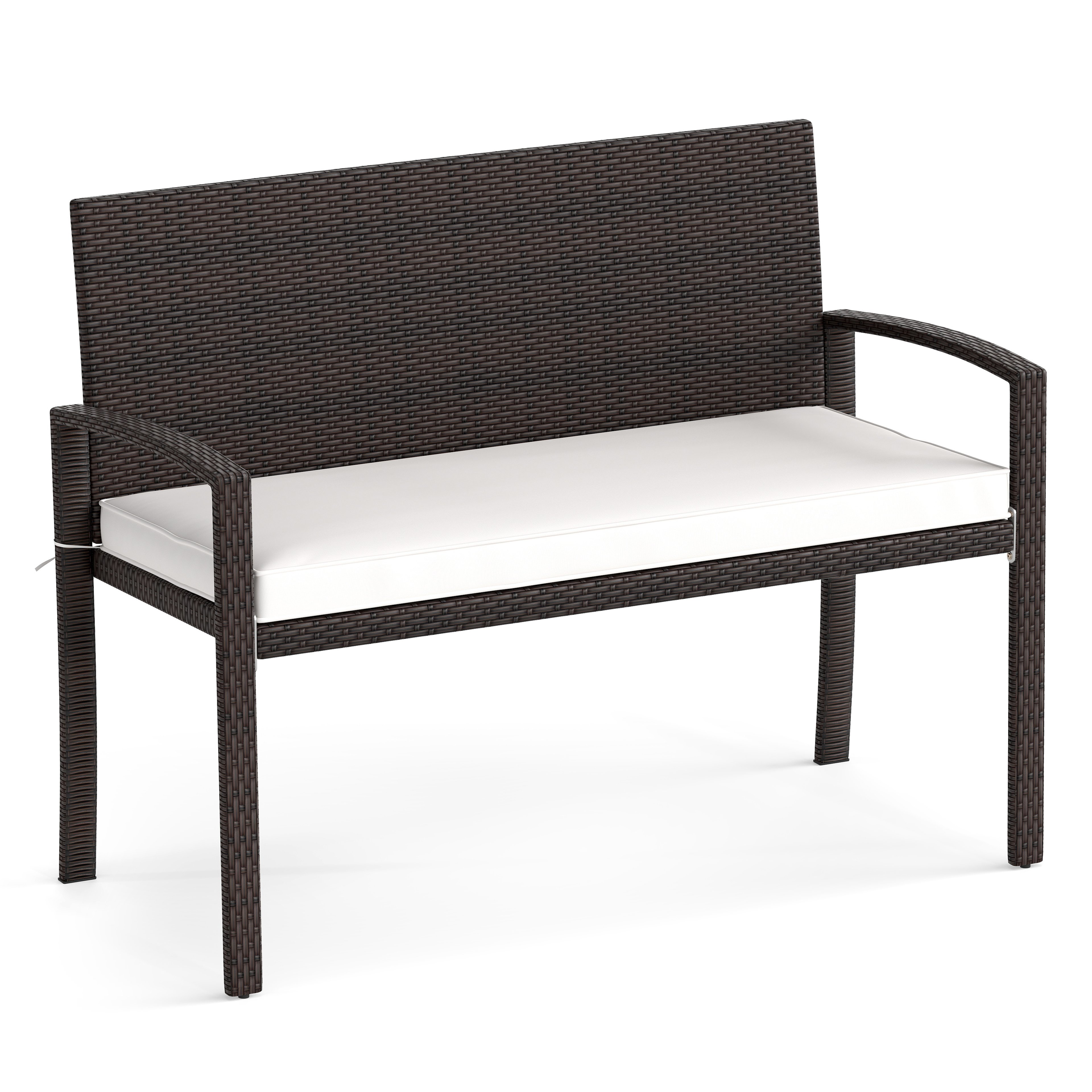 FIVE Patio Rattan Loveseat Wicker 2-Seat Bench with Soft Seat Cushion-White