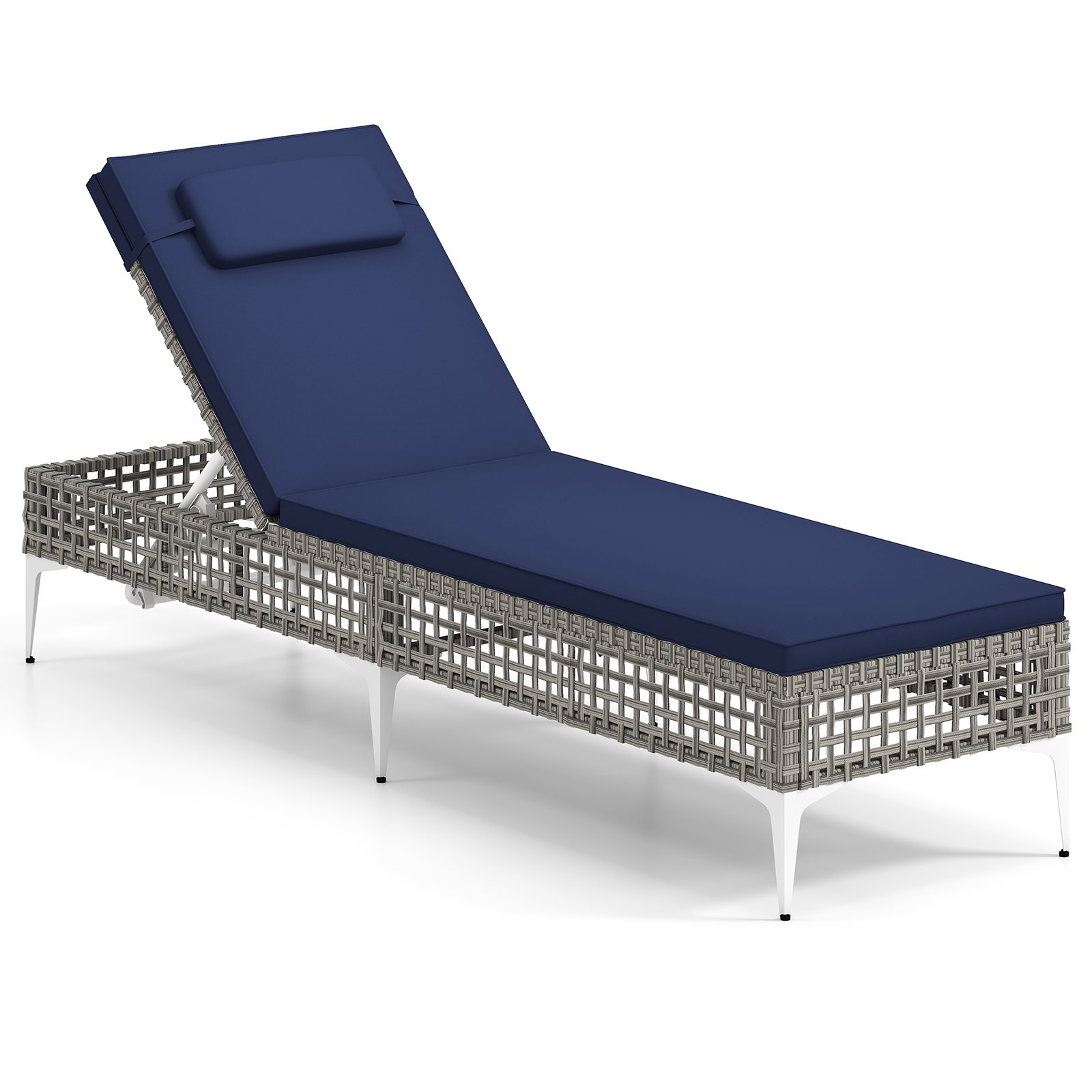 SIURSI Patio Chaise Lounge PE Wicker Reclining Sun Lounger with 6-Level Adjustable Backrest-Navy-1 Piece