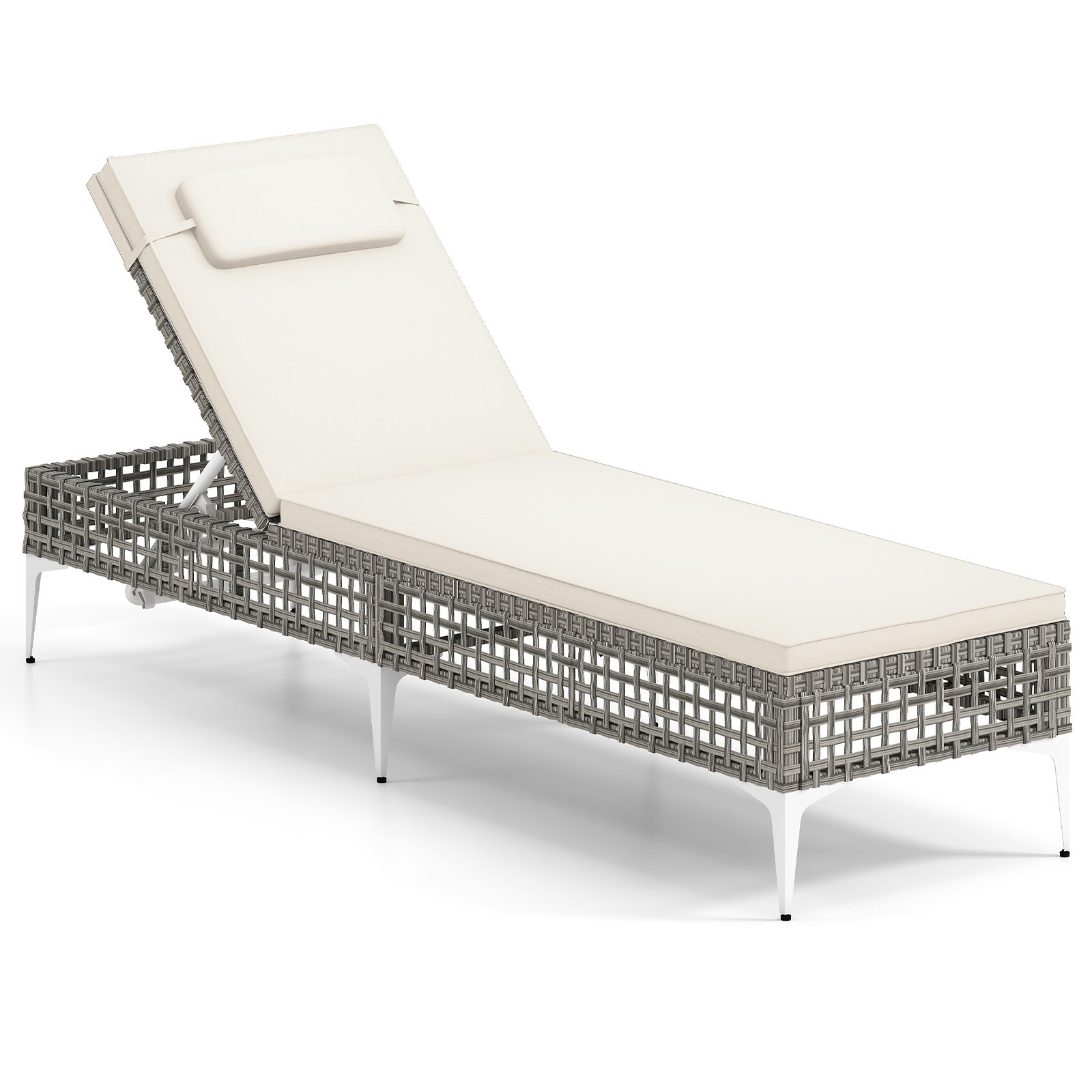 SIURSI Patio Chaise Lounge PE Wicker Reclining Sun Lounger with 6-Level Adjustable Backrest-White-1 Piece