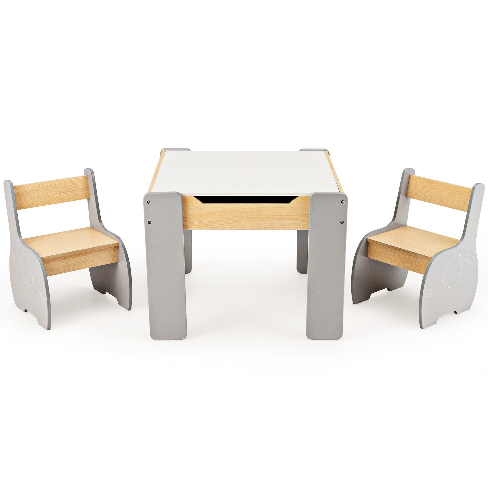 VIXO 4-in-1 Wooden Kids Table and Chair Set with Hidden Storage-Grey