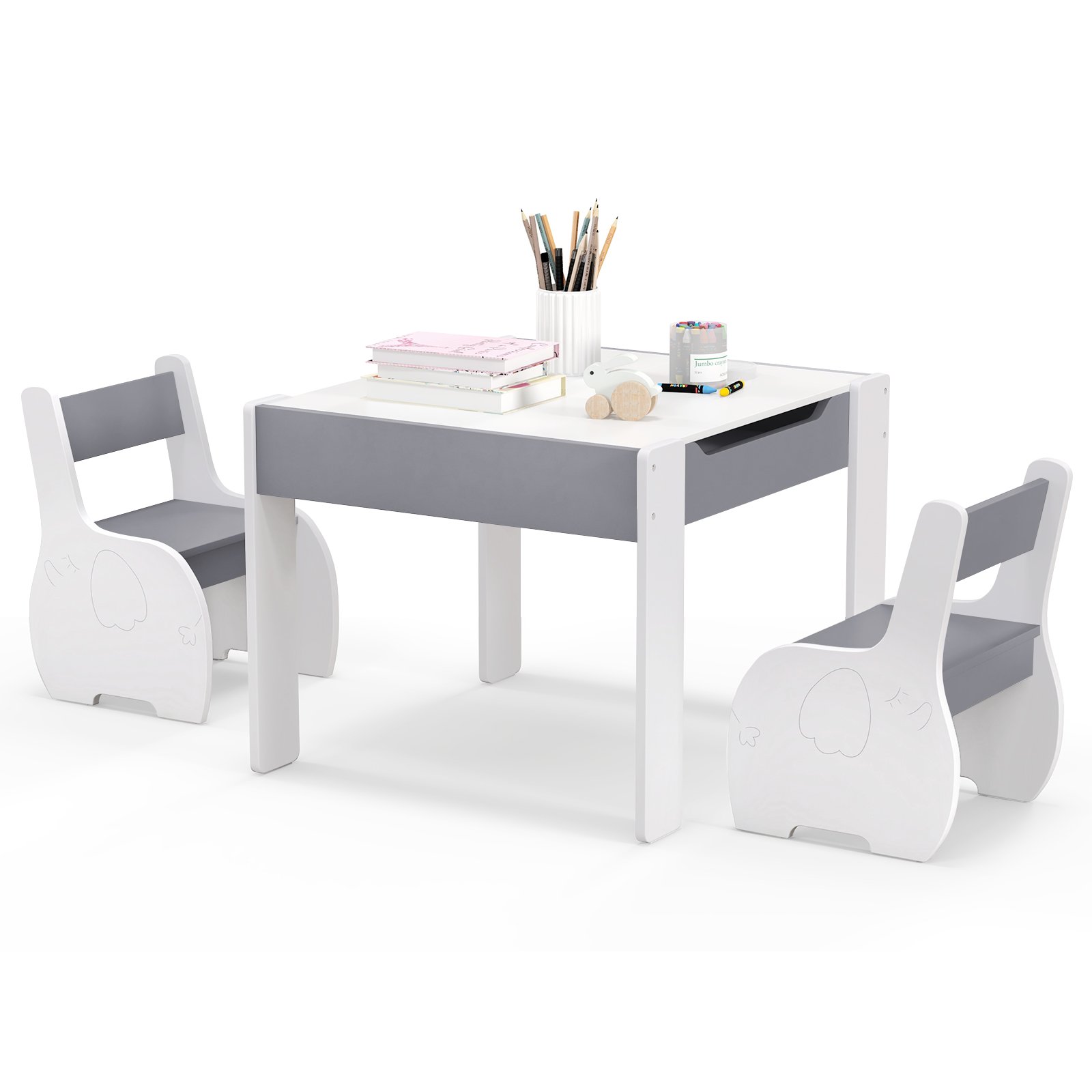 VIXO Wooden Kids Table and Chair Set with Hidden Storage-Gray and White