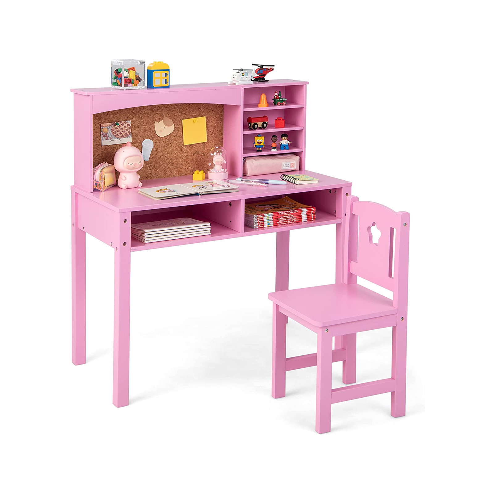 Wooden Kids Desk and Chair Set with Hutch for Studying and Reading - Pink