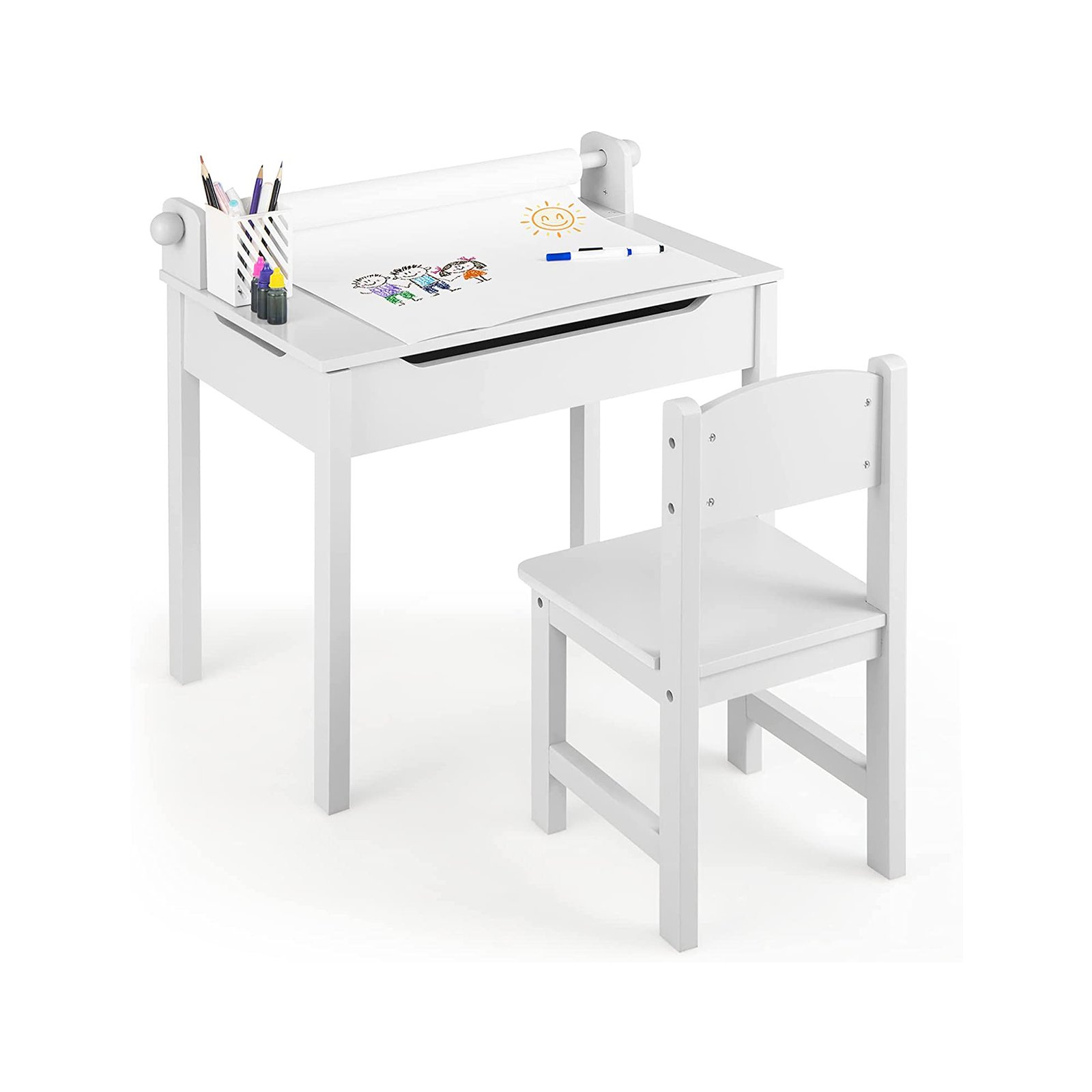 XOIN Kids Table and Chair Set with Paper Roll-White