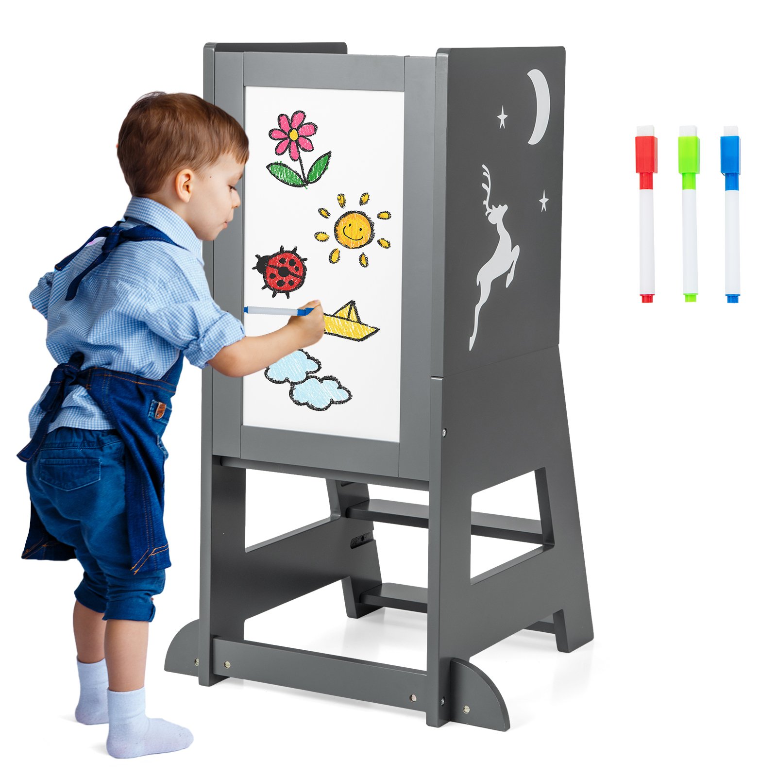 Kids Furniture - Toddler Kitchen Stool Helper with Chalkboard and Whiteboard-Grey