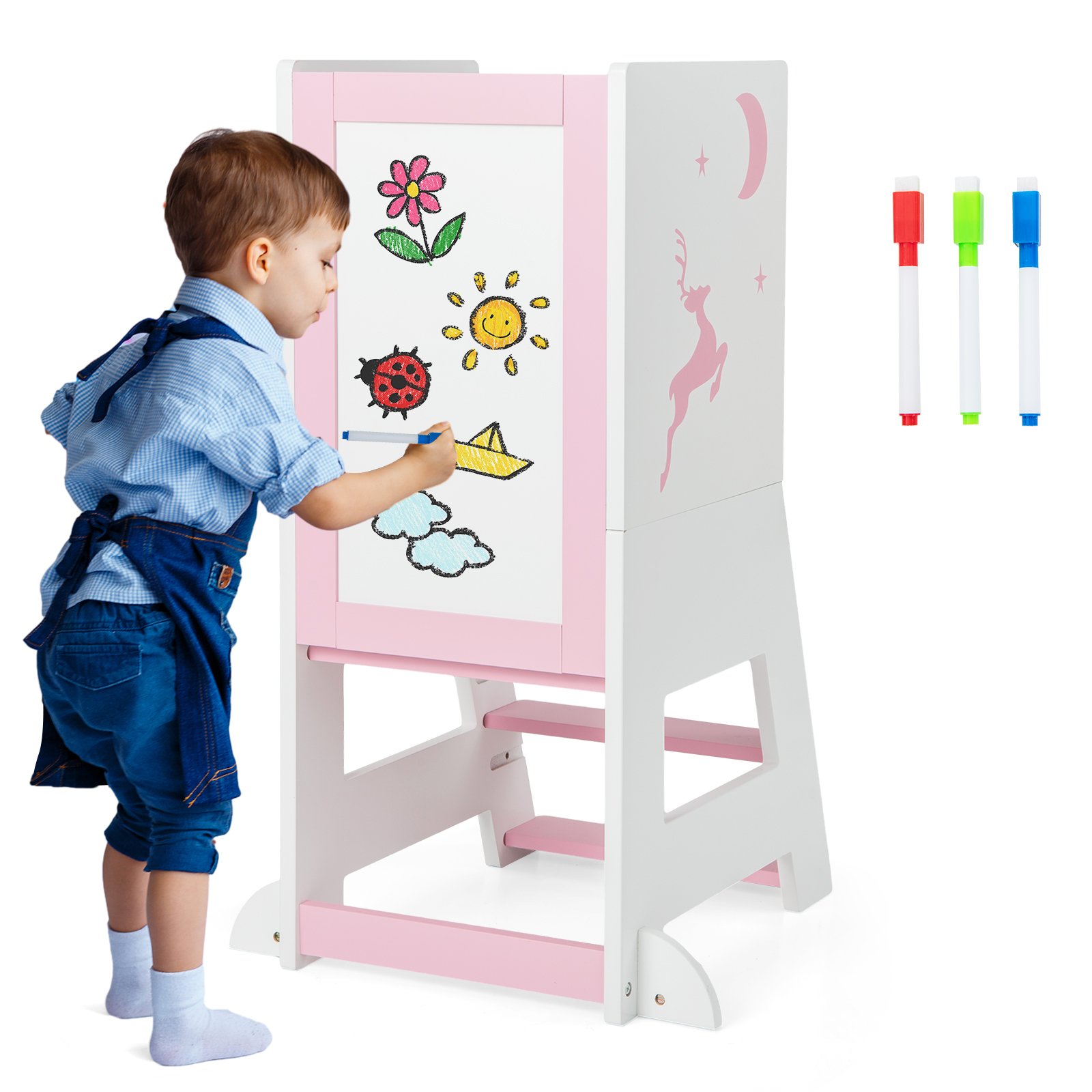 Kids Furniture - Toddler Kitchen Stool Helper with Chalkboard and Whiteboard-Pink