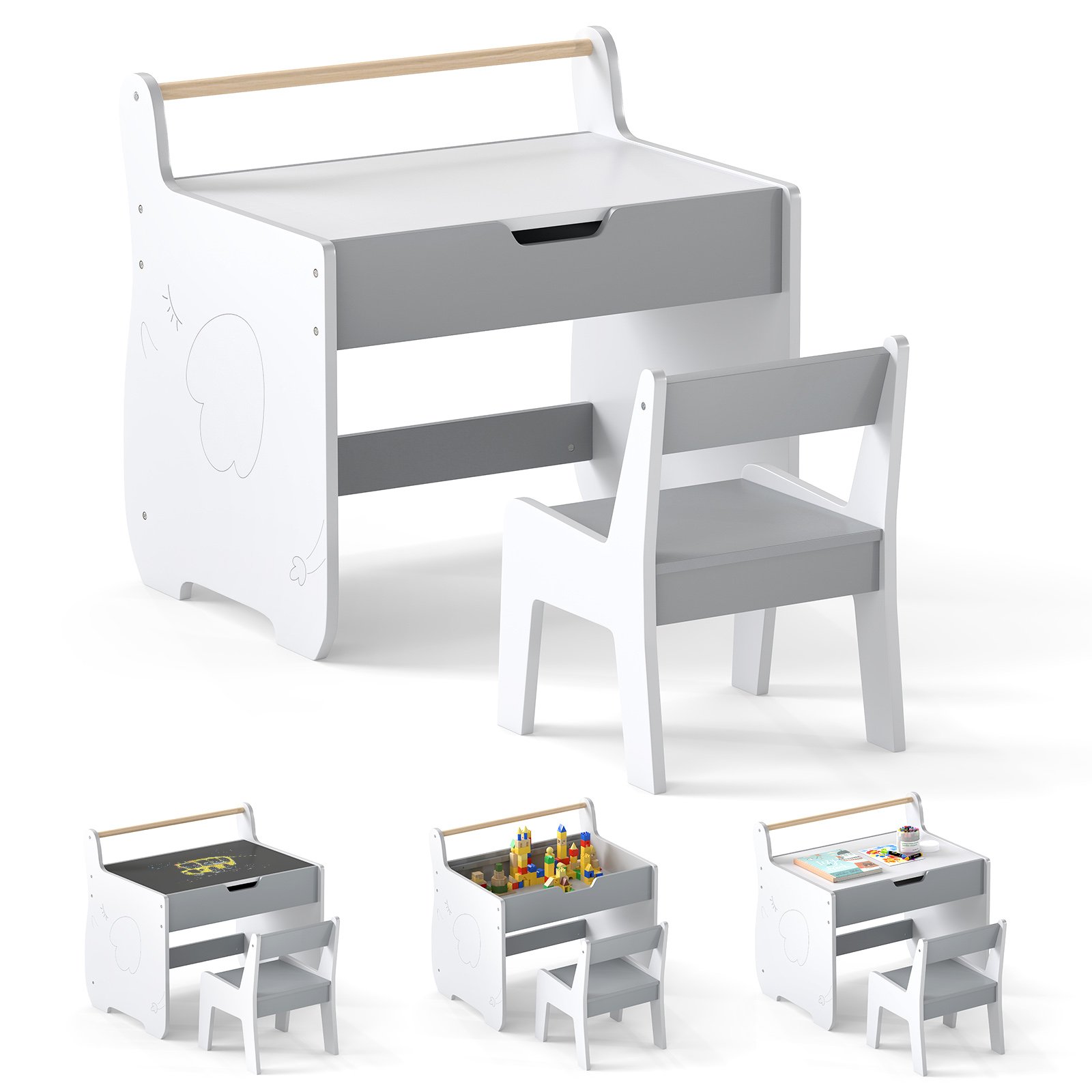 VAAL Wooden Kids Activity Table and Chair Set with 2 in 1 Detachable Tabletop-Light Grey