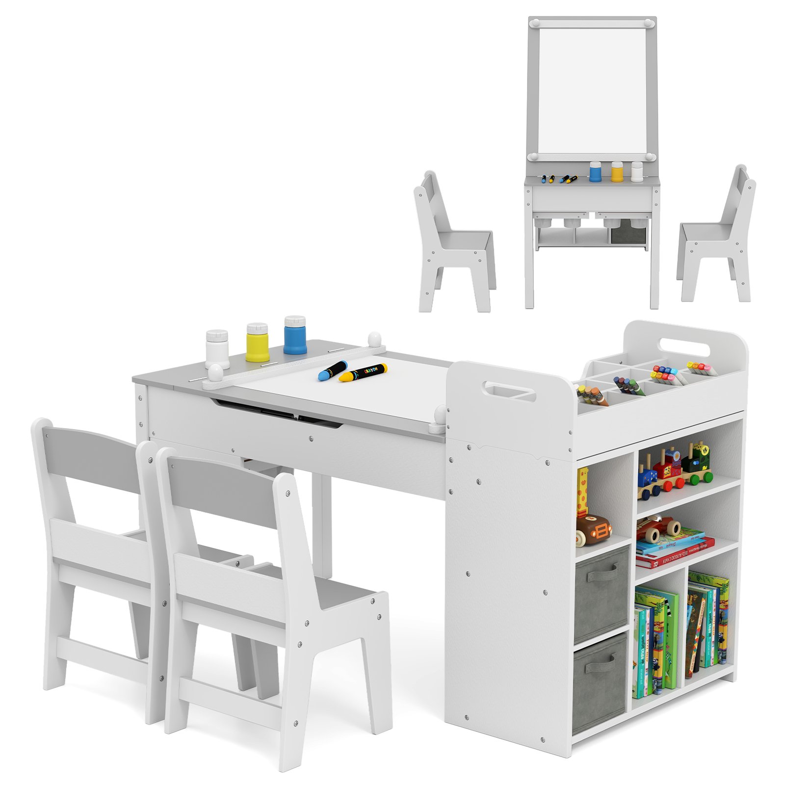 ARRIA Kids Art Craft Table and Chairs Set with Paper Roll Flip-up Tabletop-Grey