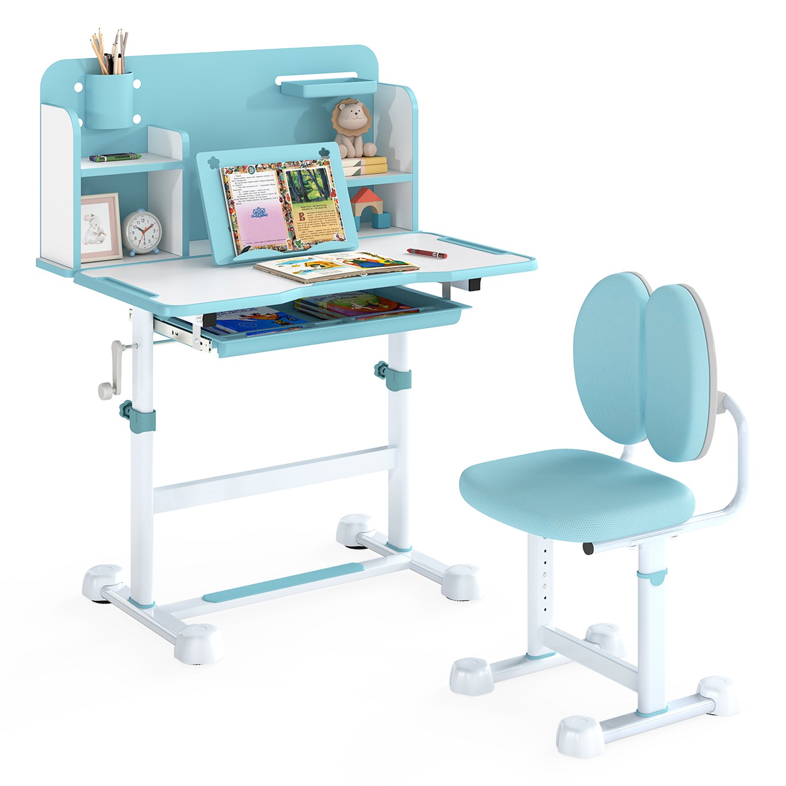 DENCREST Kid's Study Desk and Chair Set with Tilt Desktop and Footrest Bar-Blue
