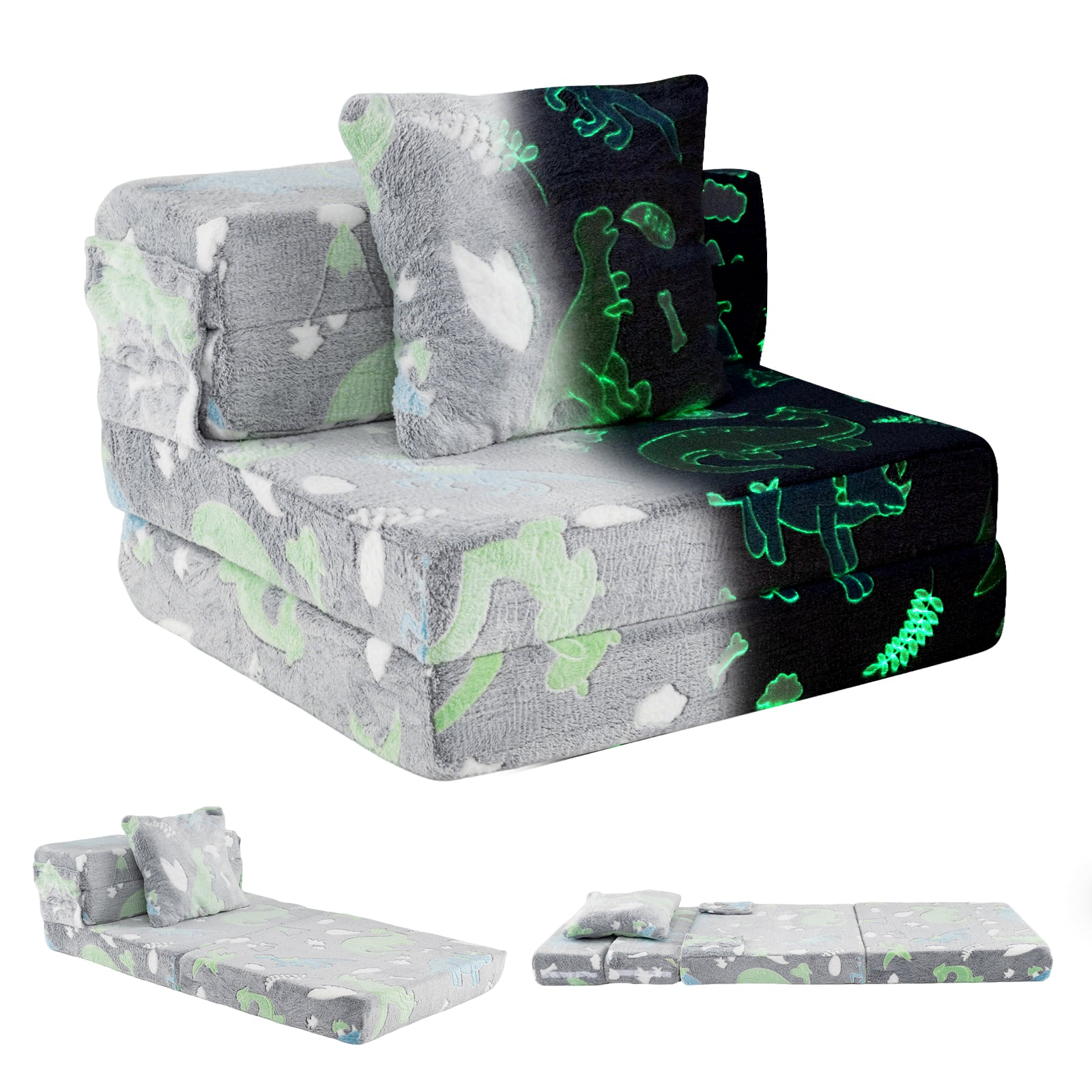 YIORA Glow In the Dark Kids Couch with Washable Zippered Covers and Extra Pillow-Grey