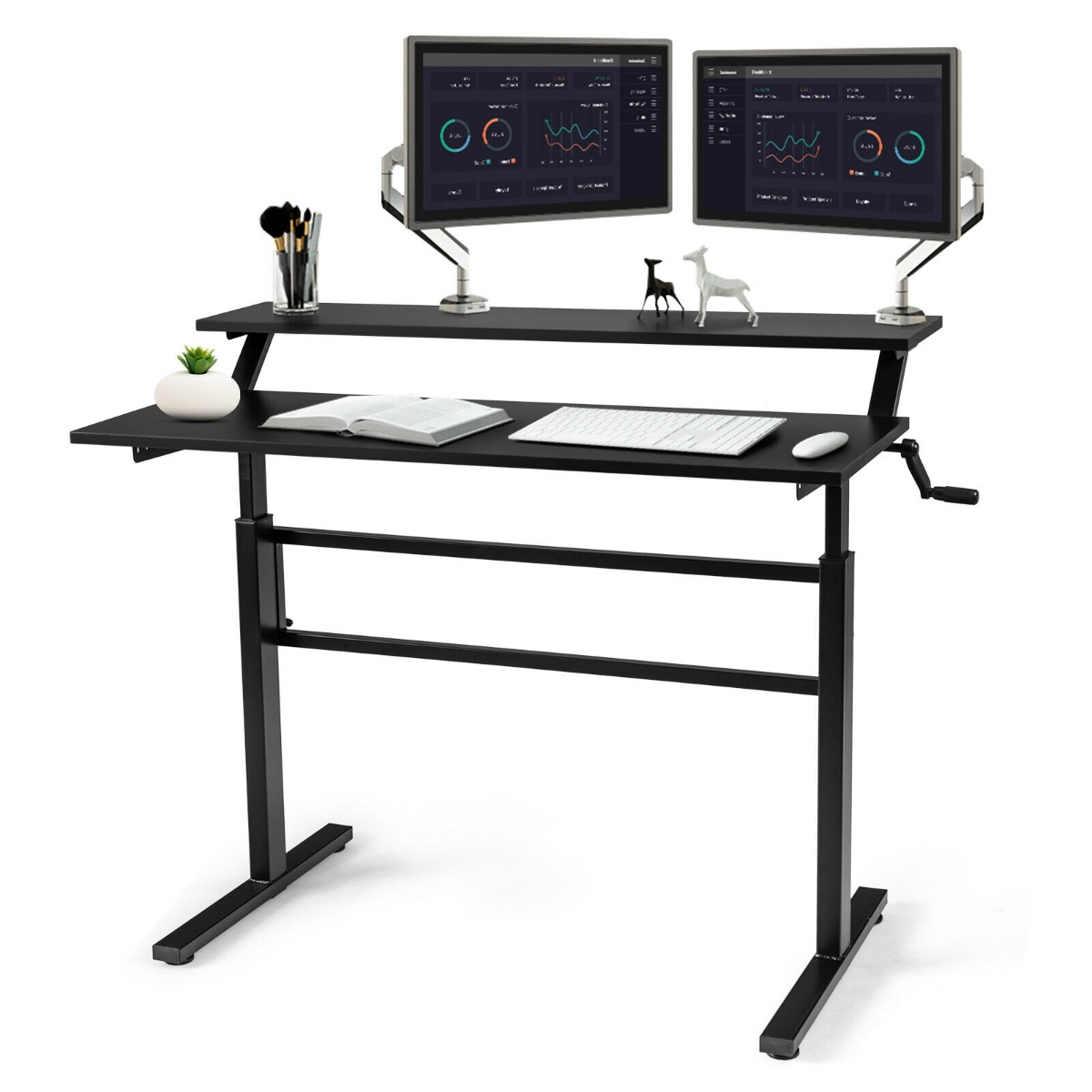 2-Tier Height Adjustable Standing Desk with Crank Handle - Black