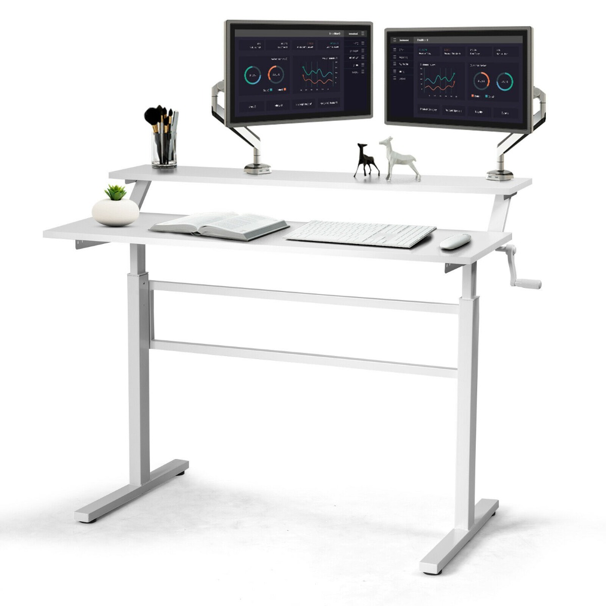 2-Tier Height Adjustable Standing Desk with Crank Handle - White