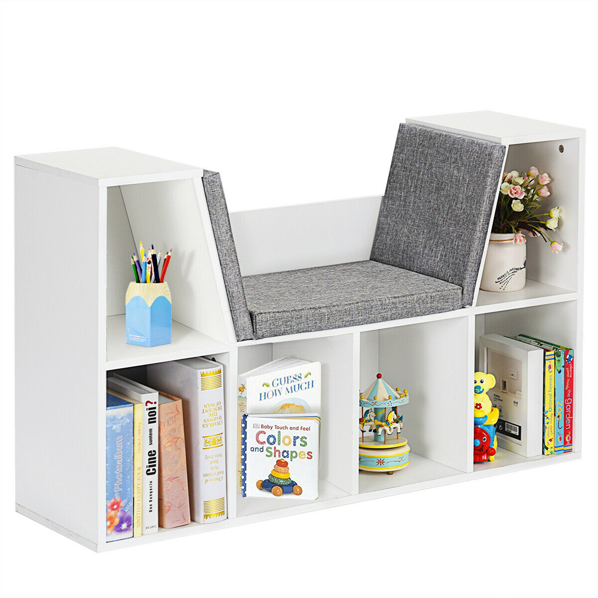 Modern Storage Organizer Cabinet with Seat Cushion - White