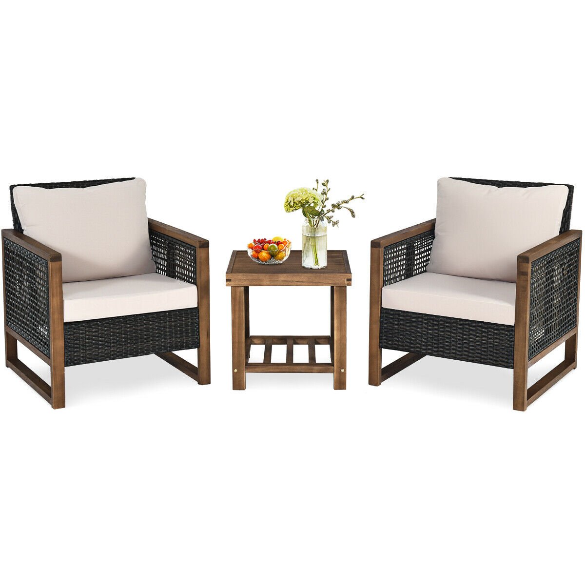 Patio Set - 3 Pieces Outdoor Rattan Furniture Bistro Set with Cushioned Sofas - Beige